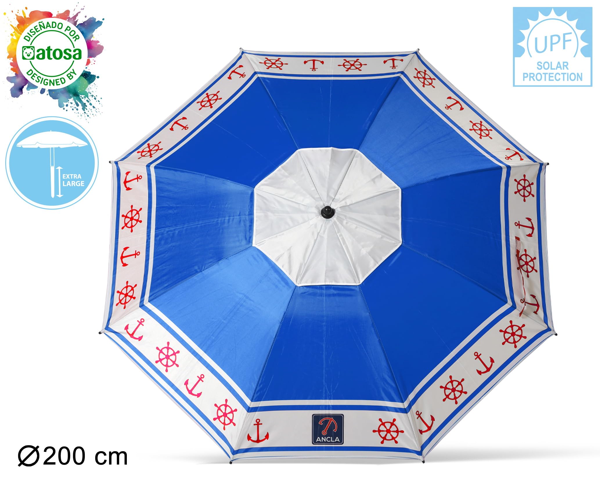 Atosa Strandschirm, Ø 200 cm, Aluminium, Modell Anker und Steuerrad, LSF 50+, Blau, blau, 200 cm
