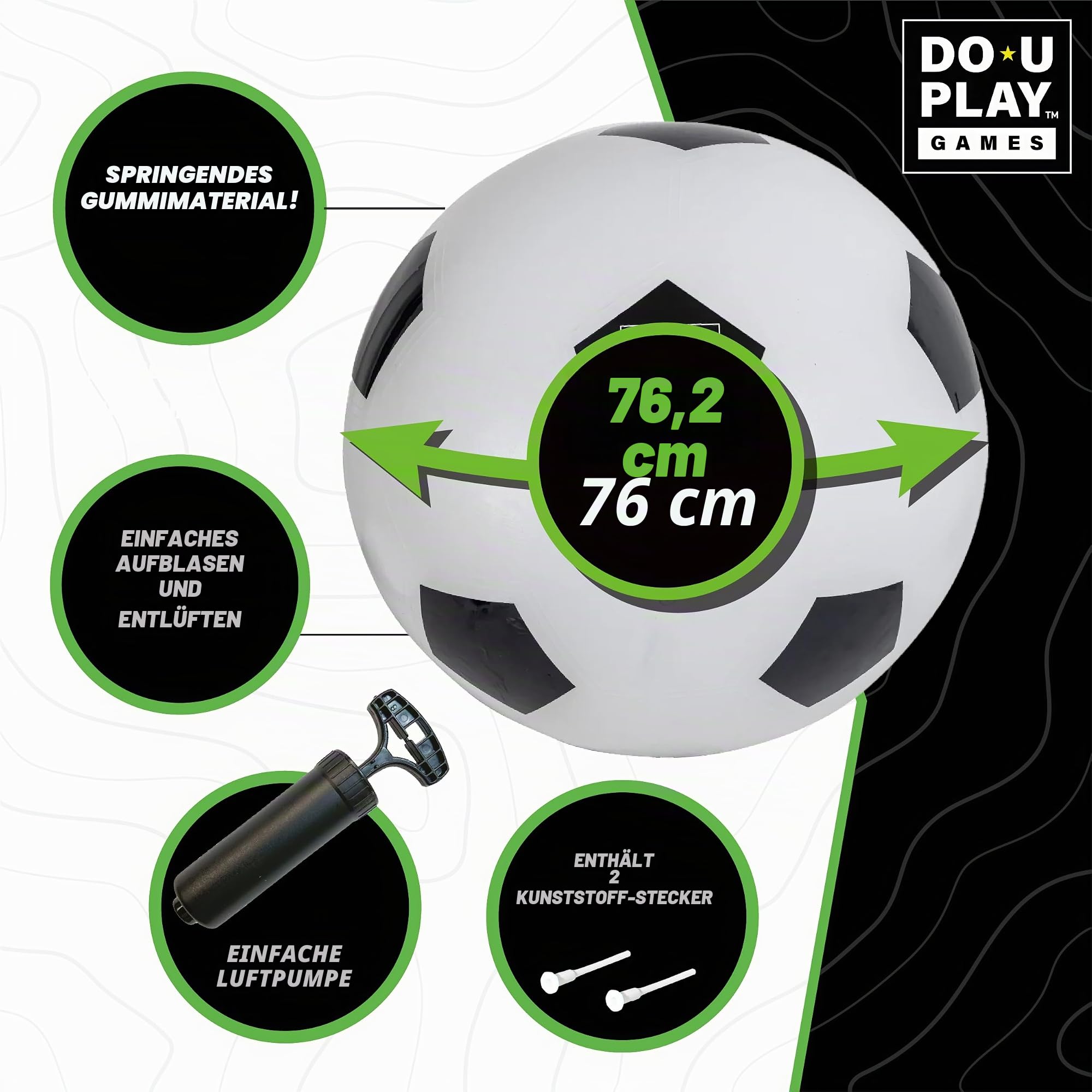 Jumbo-Fußball - Ø 76 cm - Riesen-Ball aus robustem Gummi, aufblasbar mit Handpumpe, Outdoor-Spielzeug für Kinder und Familie, ab 3 Jahren, Weiß, Schwarz, Extra groß