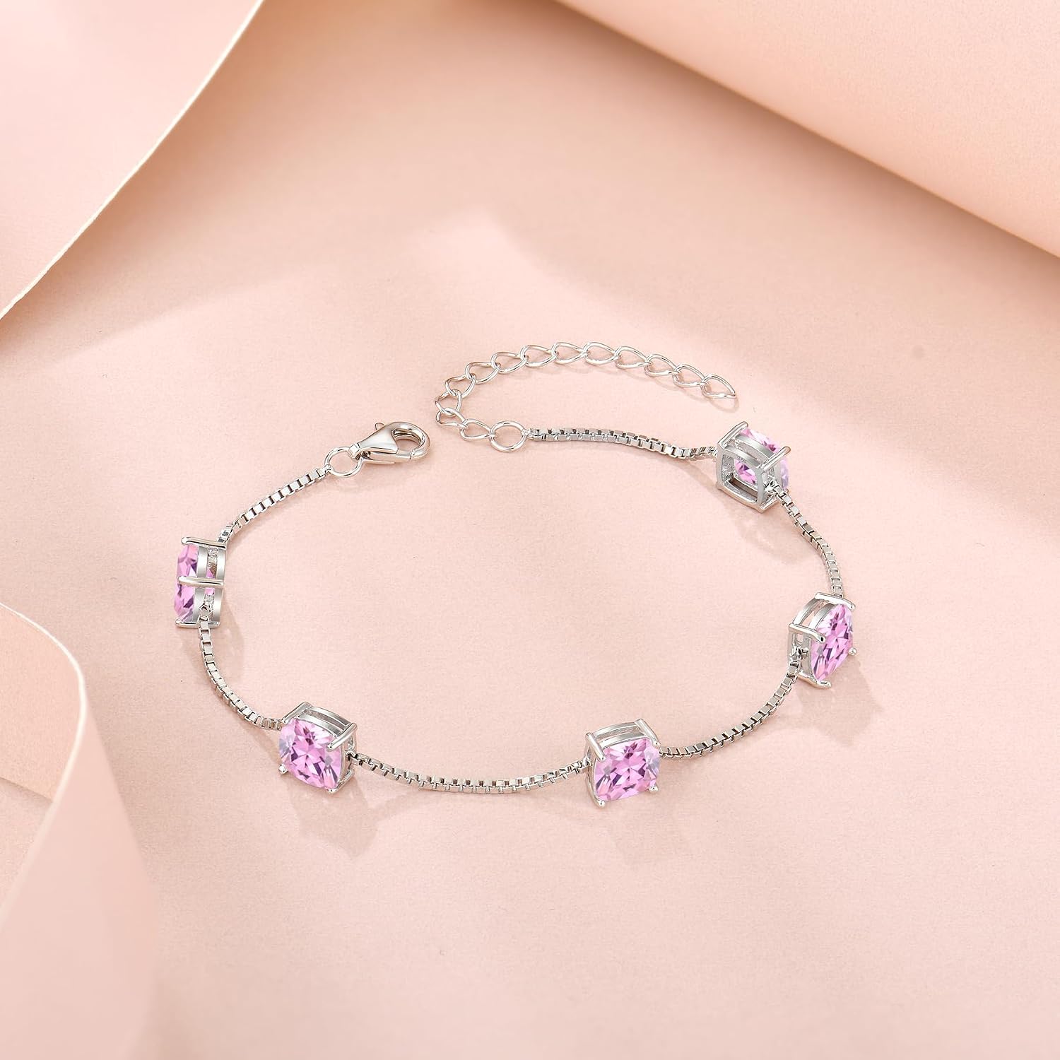 Birthstone Bracelet for Women 925 Sterling Silver Dainty Princess Cut Link Bracelet Jewelry for Mom Wife