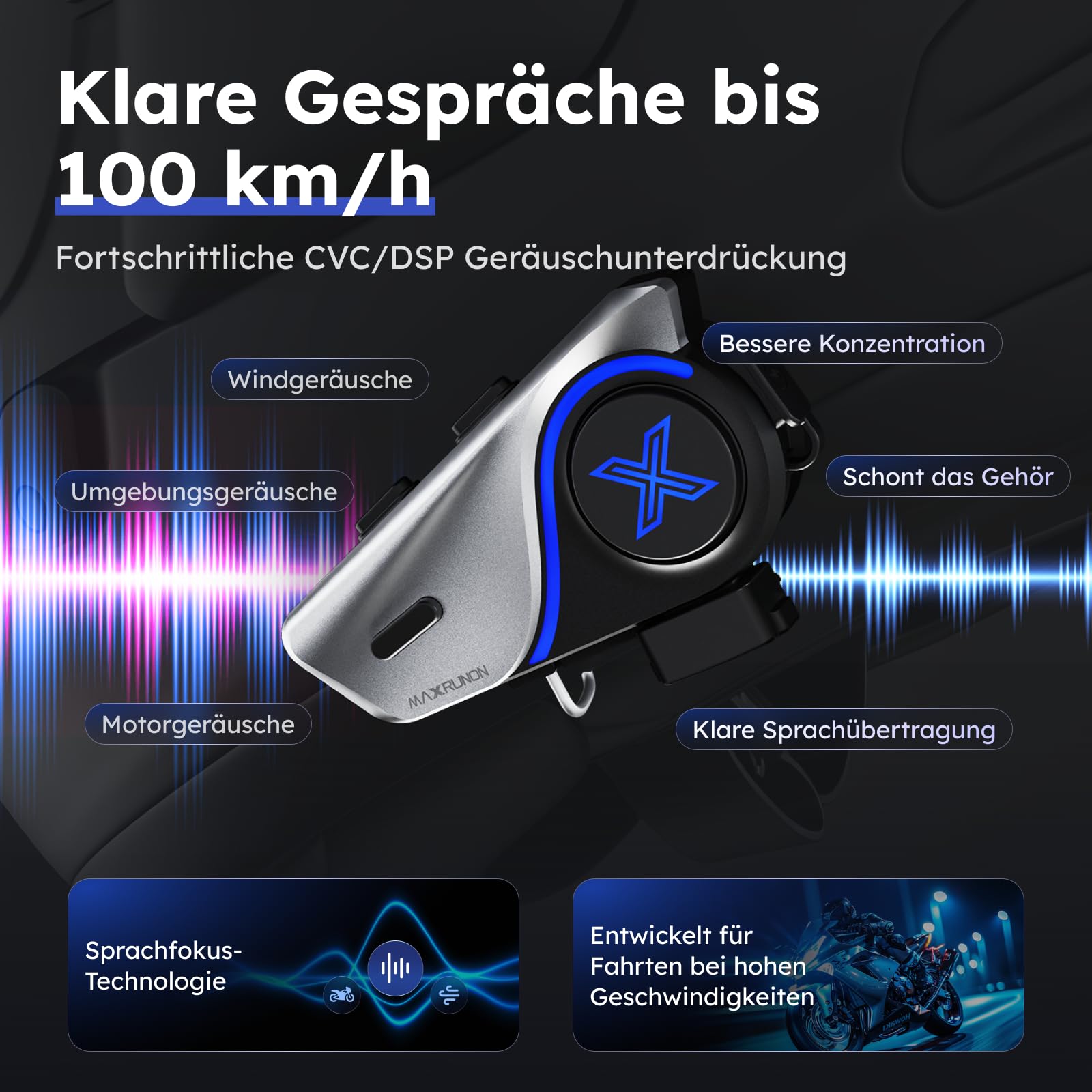 Motorrad Bluetooth Headset mit Audio-Multitasking, 2-Wege-Intercom mit 600m Reichweite, Bluetooth 5.3 Helm Kommunikationssystem mit universeller Kopplung/FM/1000mAh Akku, Einzelpack-D9