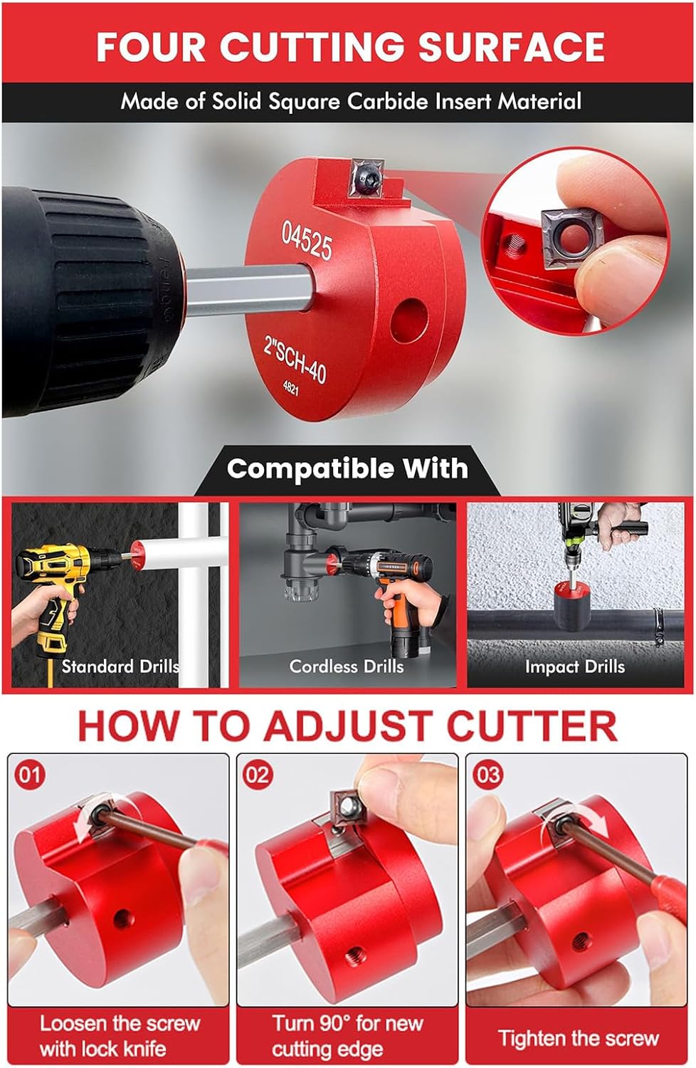 6 Piece PVC Pipe Reamer Set, Aluminum Fitting Socket Saver, 3/4 to 4 Inch Sizes, Compatible With 1/2 Inch Drill Bits