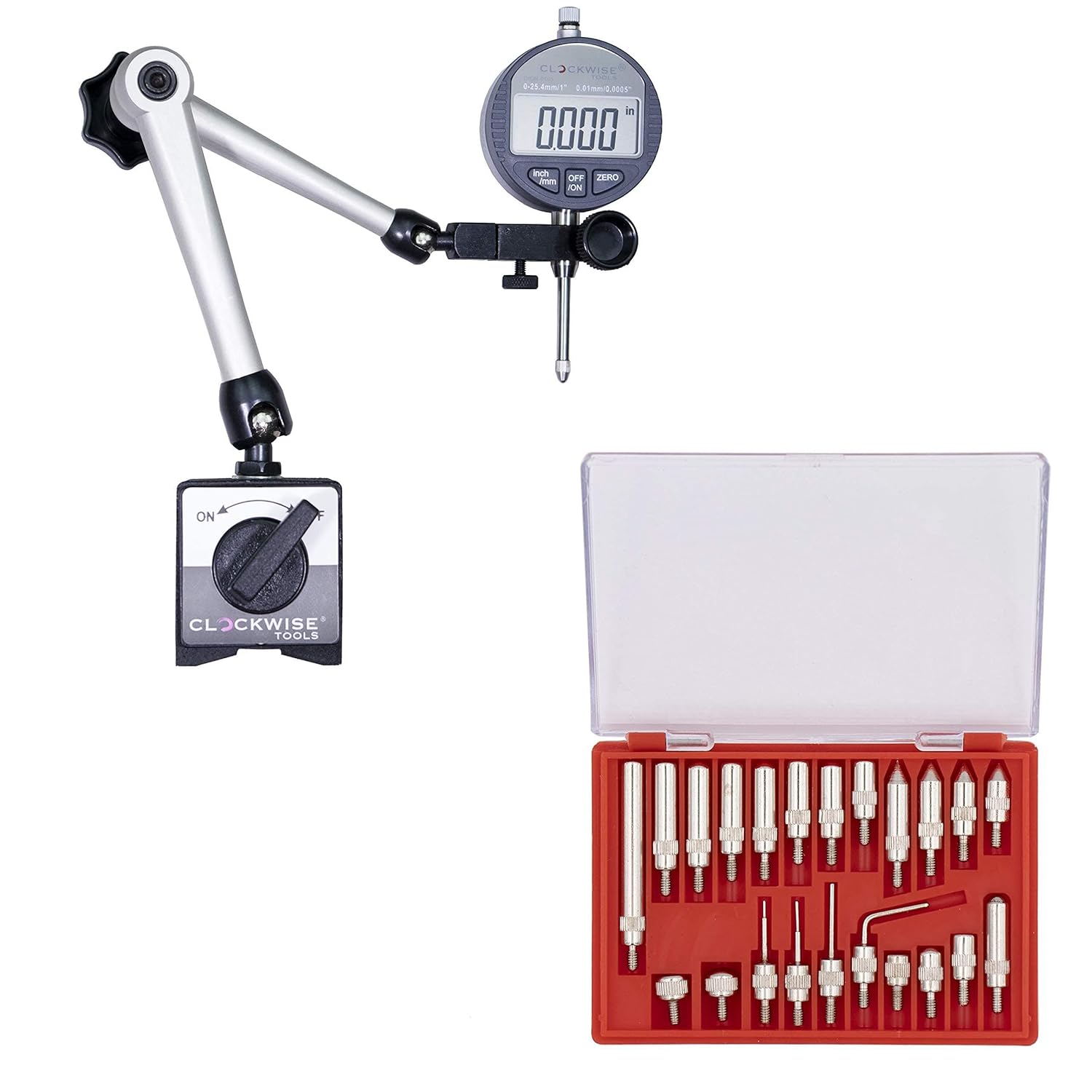 Clockwise Tools DIBR-0105 0-1 inch/25.4 mm Digital Indicator Gage Gauge and Magnetic Base Package and DIPR-01 22 Piece Dial Digital Indicator UNF 4-48 Threaded Point Tip Set
