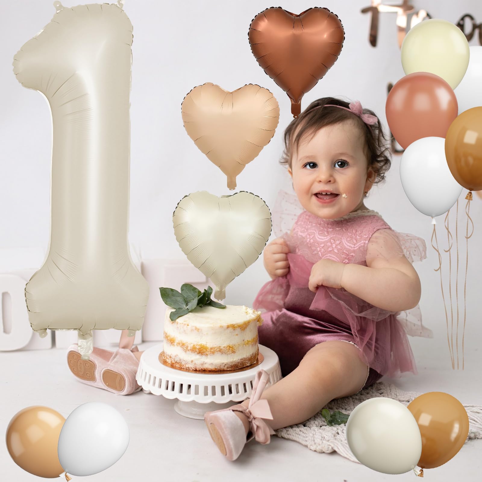 Luftballon 1. Geburtstag, 40 Zoll Beige Zahl 1 Luftballon, XXL Cremefarbene Nummer 1 Folienballon Braune Aprikosen Herzluftballon Neutraler Helium für Jungen Mädchen Babyparty 1. Geburtstag Party Deko