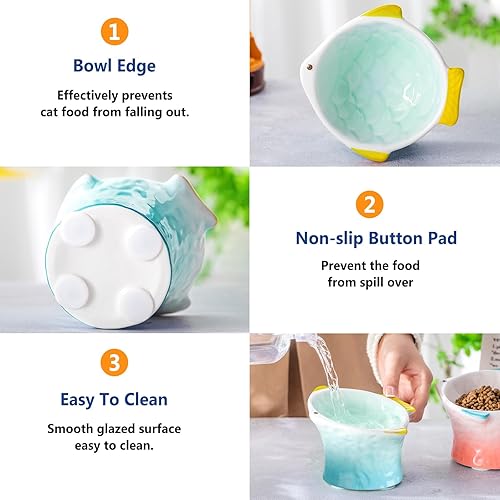 Vista 15 de Tioncy 2 cuencos elevados de cerámica inclinados para gatos con forma de pez, lindo plato elevado inclinado en ángulo poco profundo, comedero Verde