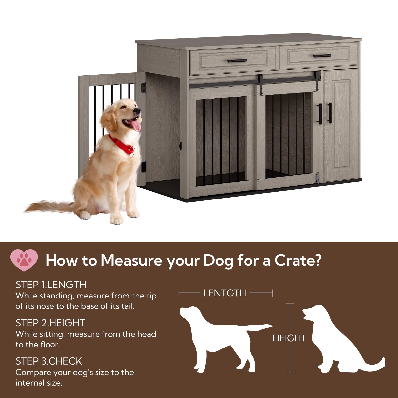 Mueble Estilo Perrera, Perrera Grande de Madera para Perros con Puertas Corredizas, Cajones y Armario, Casa para Perros con Cerradura, Interior, Mesa, Gris