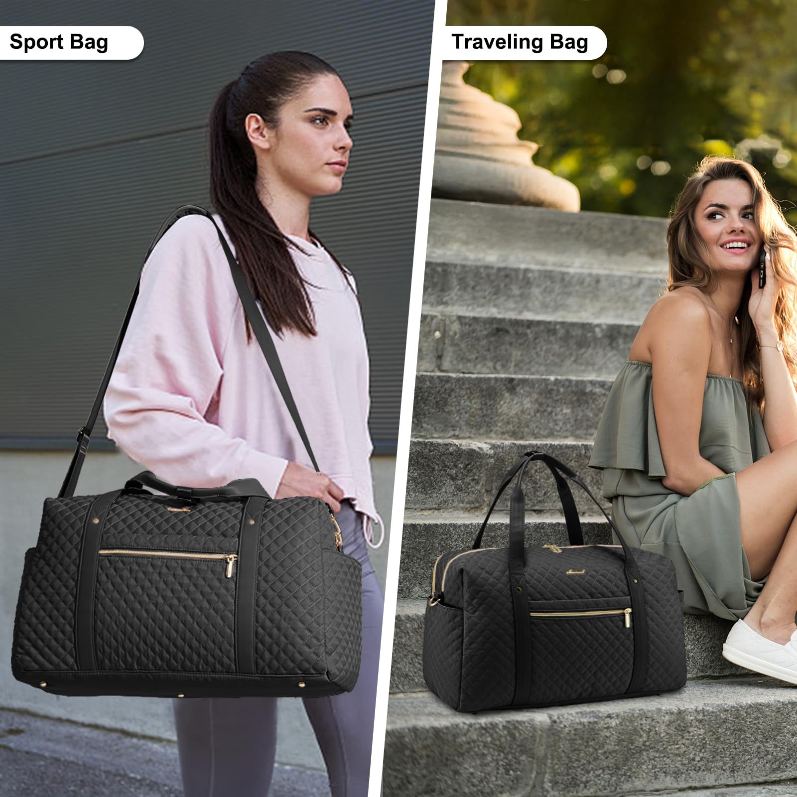 LOVEVOOK Nowoczesna damska torba podróżna sportowa, weekendowa z przegrodą na buty, idealna do samolotu i pracy, wzór czarnego diamentu, 35L