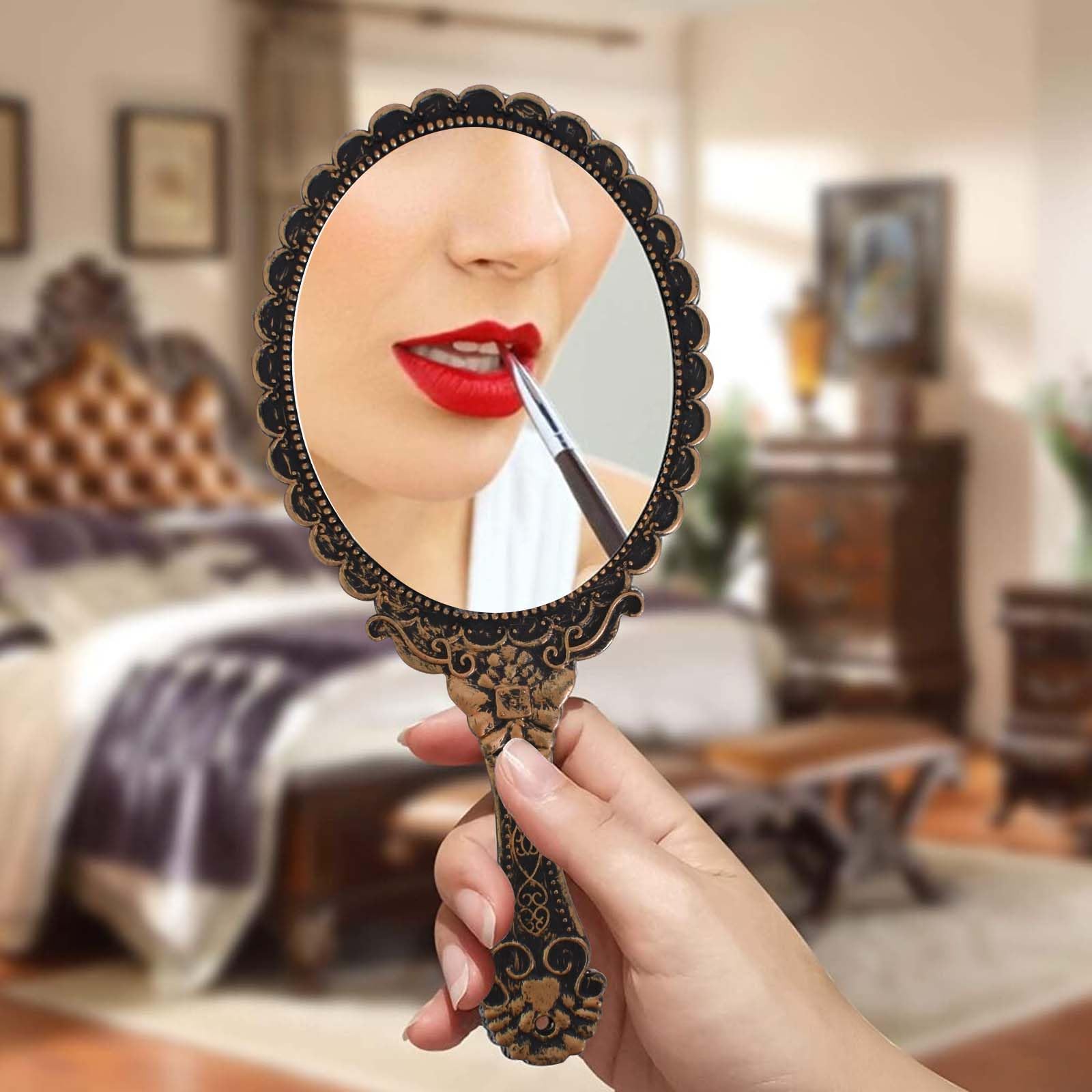 FooYee Espejo de mano con mango retro, espejo cosmético portátil con asa, espejo de mano vintage, ovalado, plástico, para peluquería, maquillaje, hogar, viajes - 5