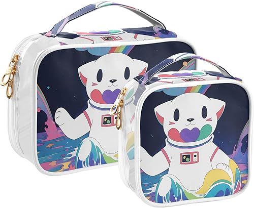 Miniatura 2 de Kawaii Cat Astronaunt Rainbow Clear Toiletry Bag for Traveling,2 Pack Makeup Cosmetic Bag with Zipper,Travel Bag for Toiletries,Travel Essentials