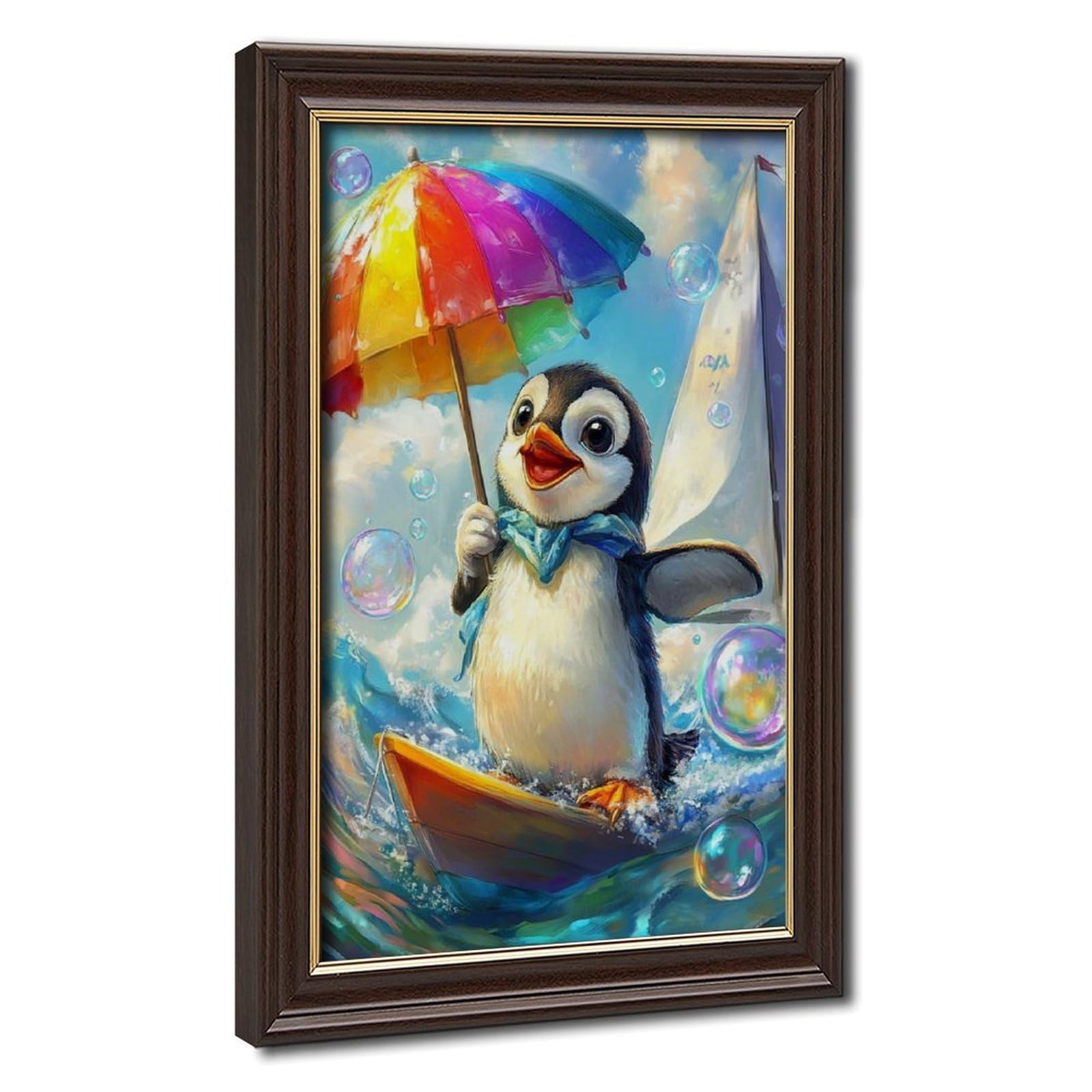 Pyberon Mokume Gane Frame-Style Penguins, Boats, Umbrellas Canvas Poster For Office Decor Gift
