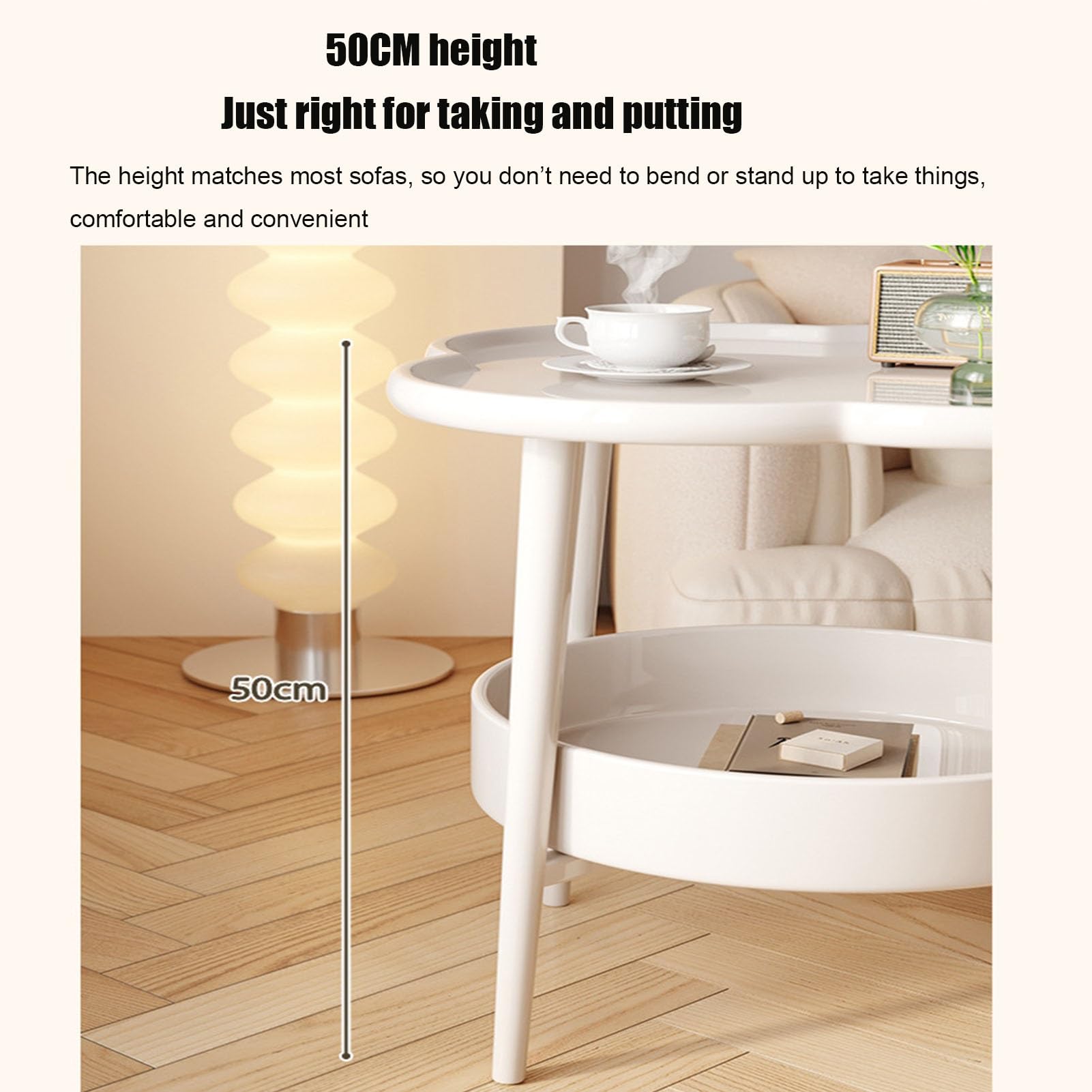 Mesa Auxiliar Redonda De 2 Niveles, Mesa Auxiliar De Cama Con Bordes Elevados, Mesilla De Noche Pequeña, Mesa De Té De Sobremesa En Forma De Flor Para Sala De Estar, Dormitorio, Oficina(White)