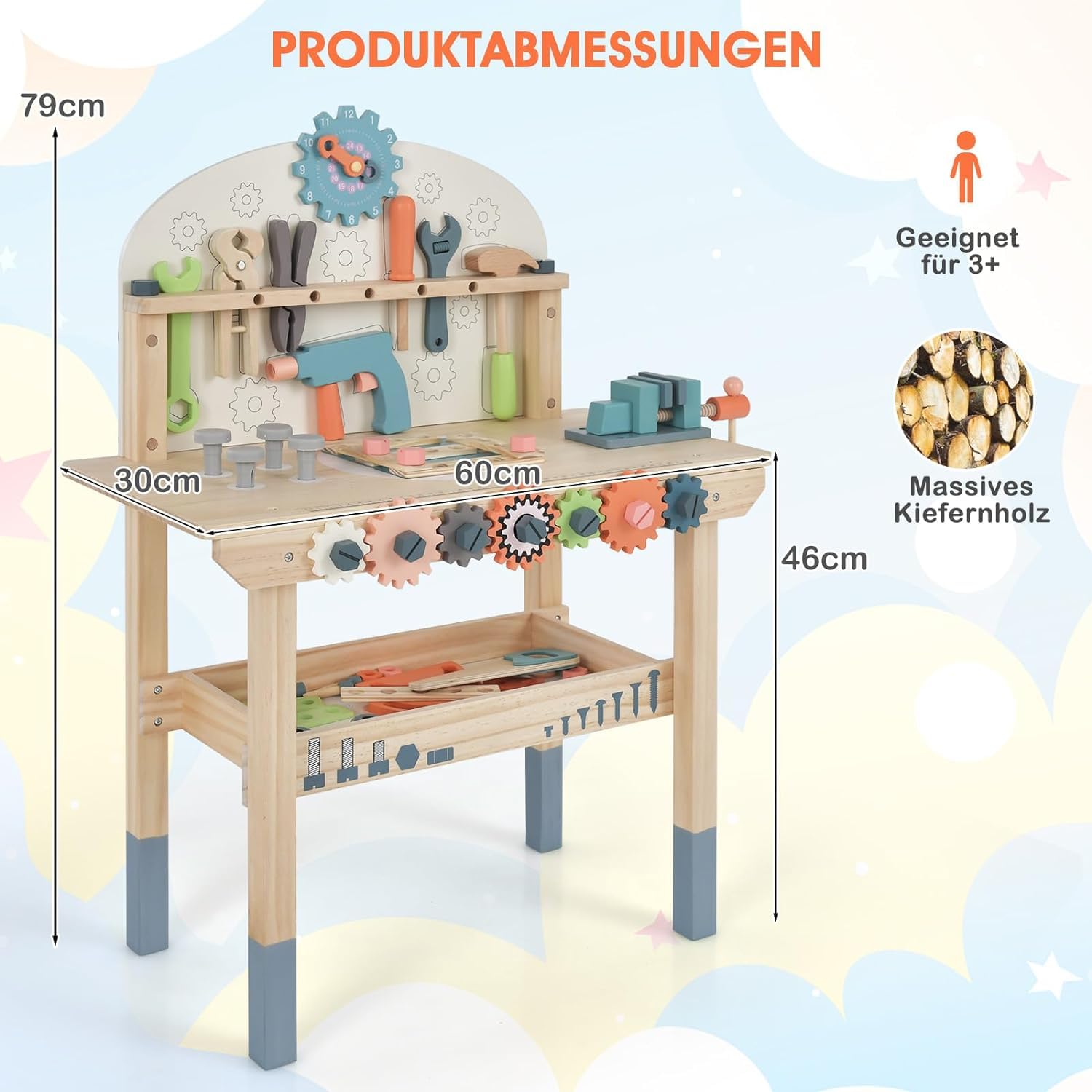 DREAMADE Werkbank Kinder, Werkzeugbank für Kinder aus Holz mit 63 Zubehör, Werkzeug Spielzeug Set mit Strauraum & Uhr & Werkzeughalter, Werkbank für Kinder ab 3 Jahren