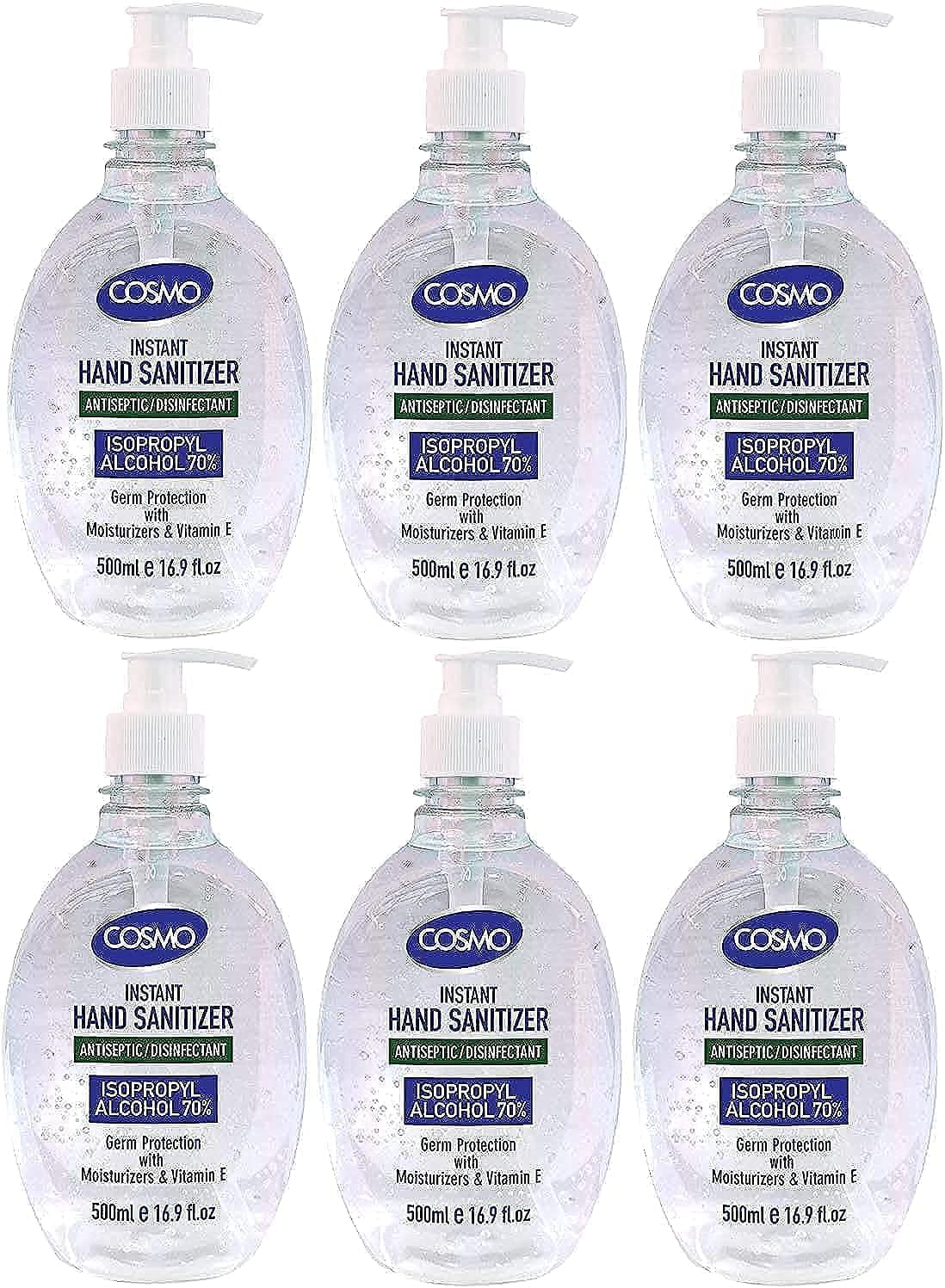 Cosmo Instant Hand Sanitizer Antiseptic/Disinfectant 500ML GEL PACK OF 6, IPA 70%, Moisturizers, Vitamin E