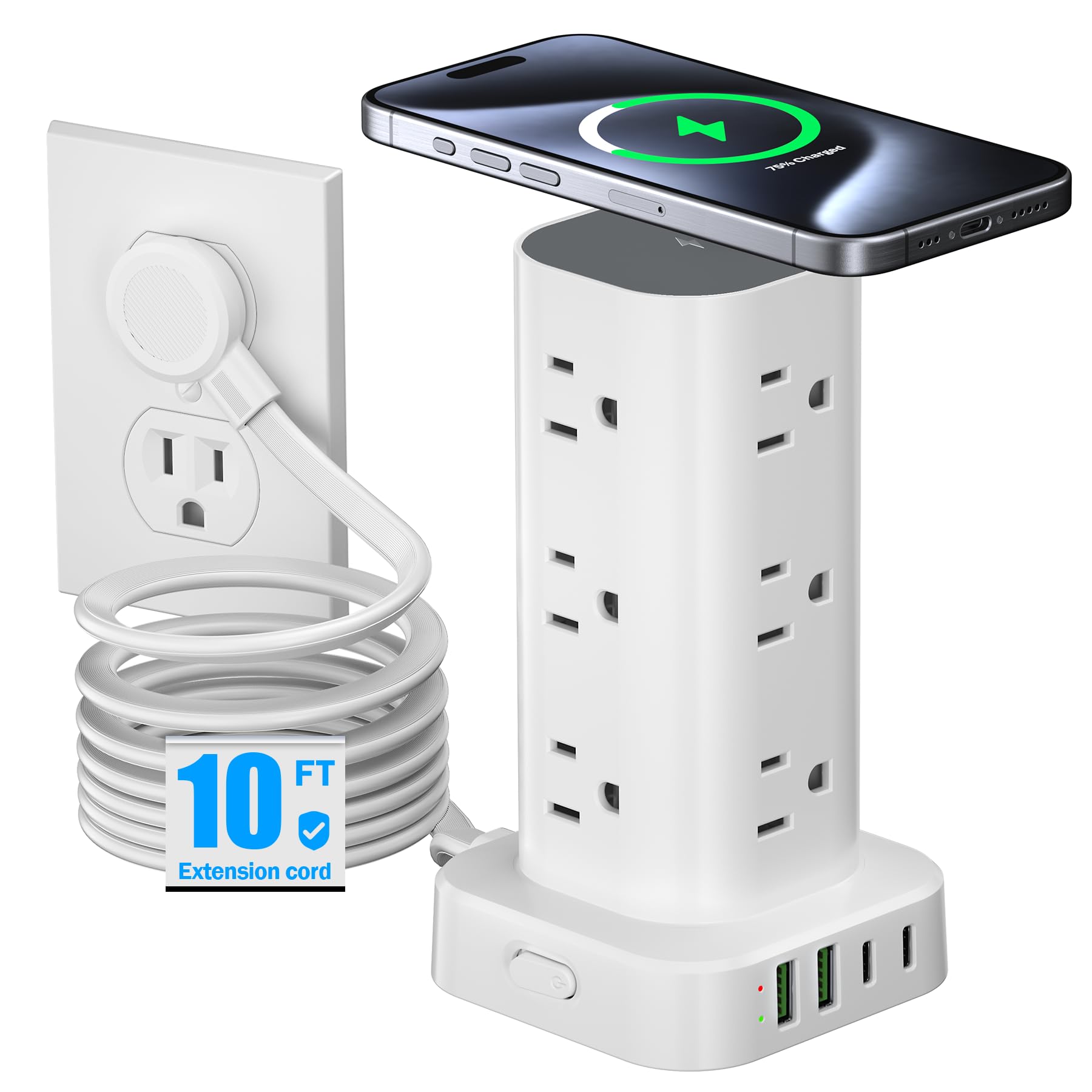 Tower Power Strip with 15W Wireless Charger, 10FT Flat Plug Extension Cord with Multiple Outlets, 12 AC Outlets, 4 USB Ports (2 USB C) Charging