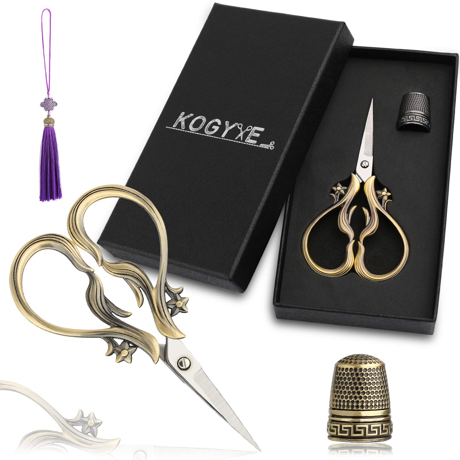 Vintage European Style Embroidery Scissors, Sewing Scissors Sharp Tip Stainless Steel, DIY Tools Dressmaker Shears with Tassel,Thimble, Tailor Scissor for Fabric, Embroidery, Needlework (Green patina)