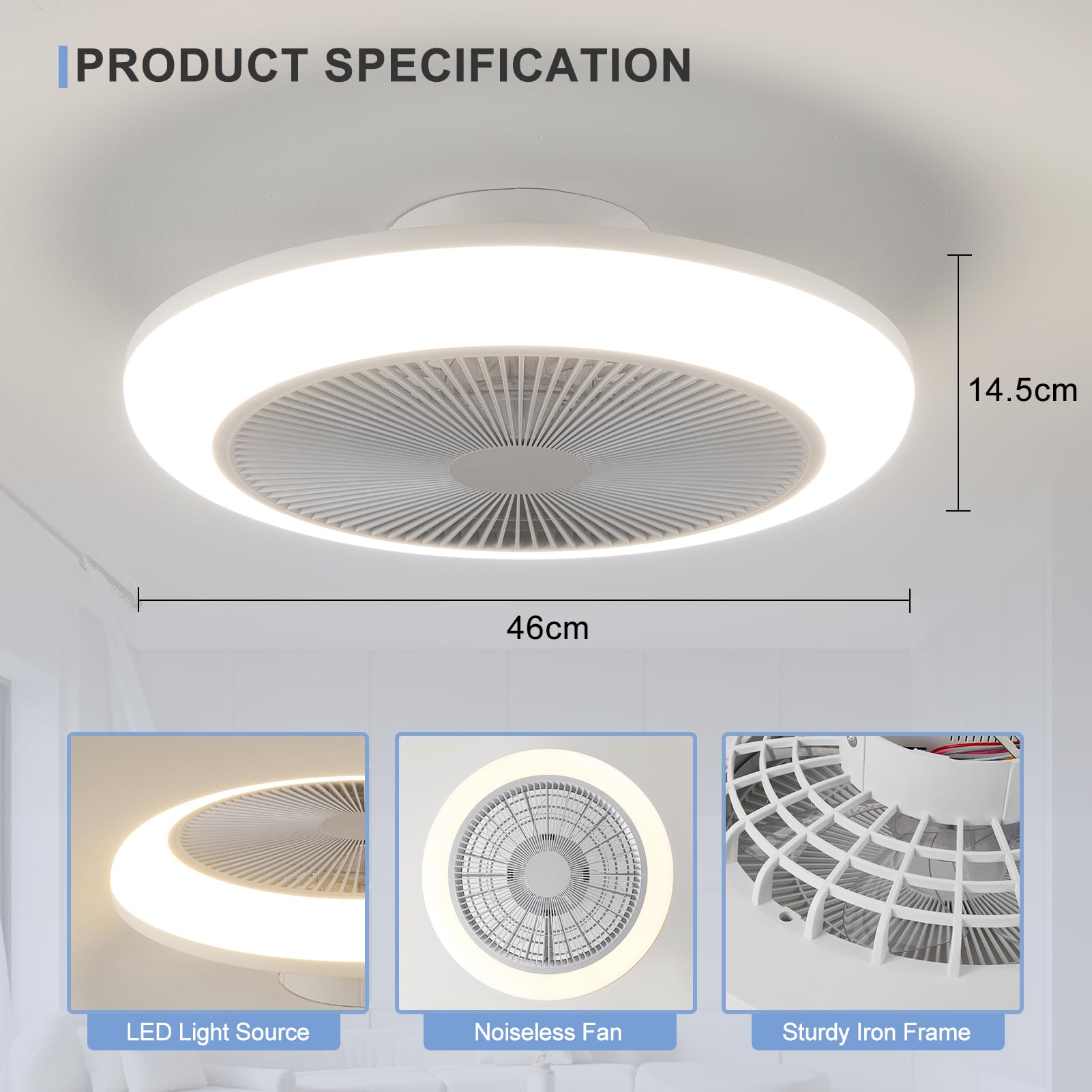 HARPER LIVING Wentylator sufitowy z oświetleniem LED i pilotem zdalnego sterowania, 50 W, 4000 lm, ściemniana lampa, 3 kolory światła, 6 prędkości, timer, cichy, do salonu, sypialni, kuchni
