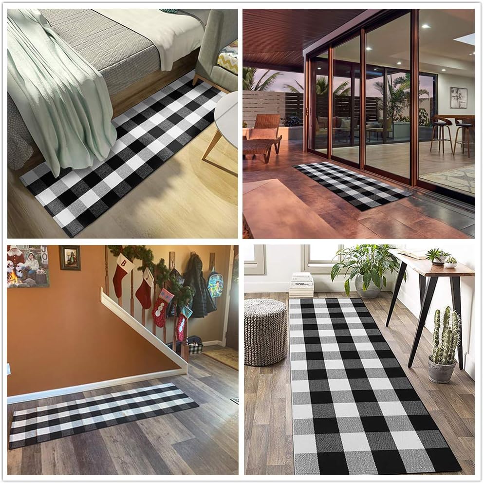 KaHouen Buffalo Check Runner Rug (24 x 71 Inches),Hand-Woven Buffalo Plaid Runner Rugs, Black and White Checkered Outdoor Rugs for Kitchen/Living Room/Bathroom/Laundry Room