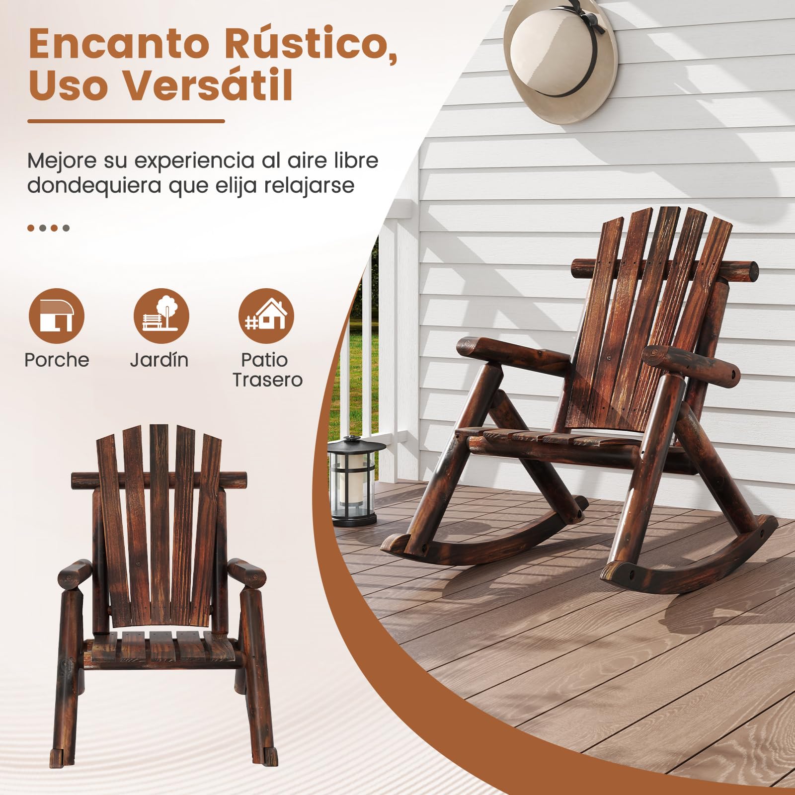 COSTWAY Silla Mecedora Adirondack para Adultos, Mecedora Madera Maciza con Respaldo Alto y Asiento de Listones, Sillon Jardin Balcón Terraza Exterior, 91 x 69 x 97 cm, Carga 150kg