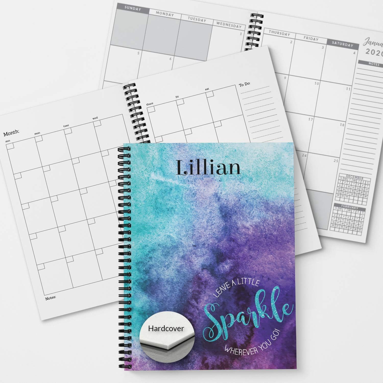 Sparkle Personalized Inspirational Monthly and Weekly HARDCOVER Planner and Organizer, 1 full year, January-December DATED or UNDATED OPTION, 5.5" x 8.5", lay flat wire-o spiral binding
