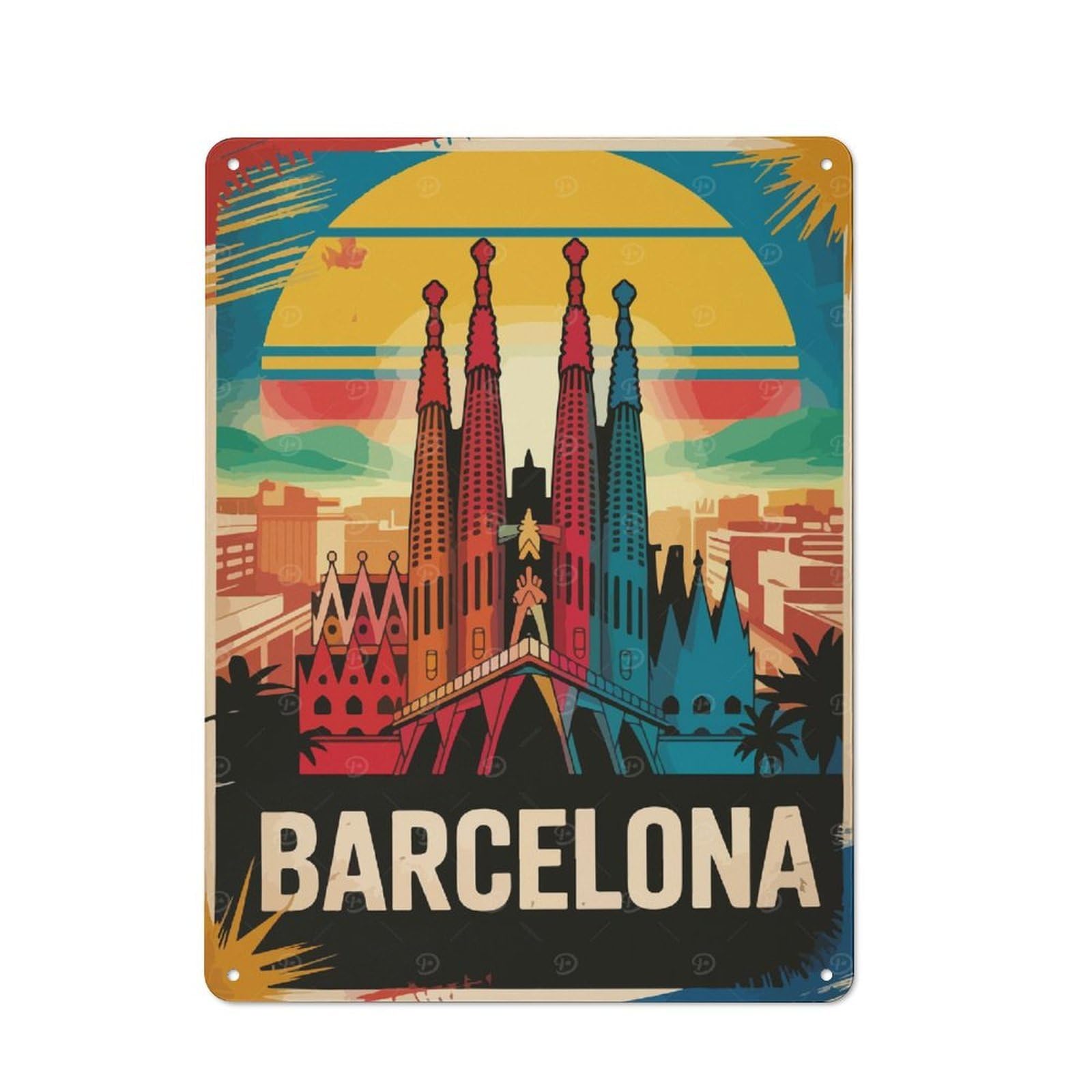 Junmoney Barcelona Travel Metal Wall Sign 40X30cm Featuring For Café Or Restaurant, A Decorative Metal Sign For Cafés And Restaurants