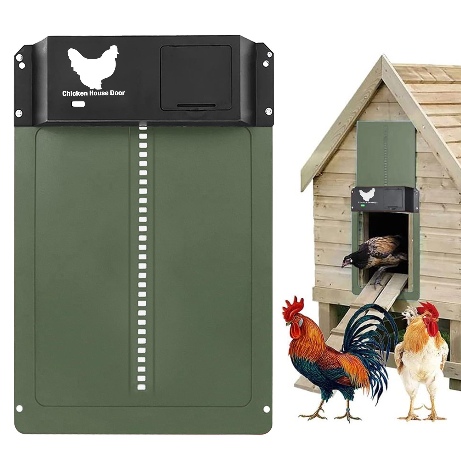 Porta Automatica per Pollaio Con Sensore di Luce, Sportello Elettrico Alimentato a Batteria, Impermeabile - Verde