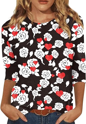 FlekmanArt Womens Valentines Day Sweatshirt Love Heart Graphic Print Pullover Casual 34 Sleeve Valentine's Day Blouse Top
