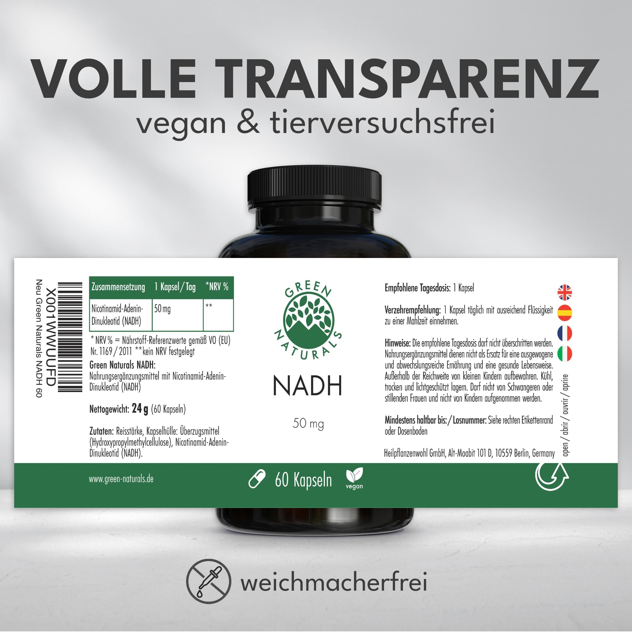 Green Naturals NADH 50mg - 60 Kapseln | Laborgeprüft · Aus deutscher Herstellung · Vorrat für 2 Monate