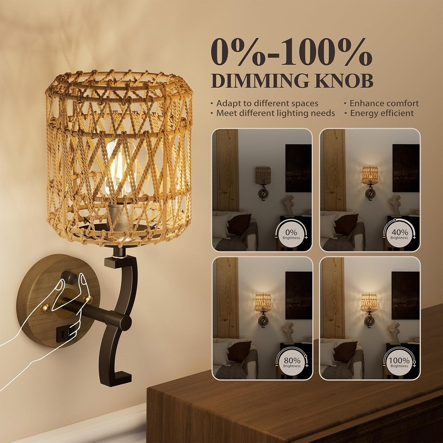 N02 Boho Rattan Wall Sconce with Plug in Cord, Adjustable Dimmable Rattan Shade & S-Shape Arm for Aztec Boho Home Decor, Bohemian Wall Mounted Lighting
