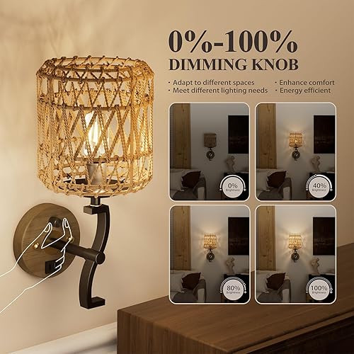 Miniatura 3 de N11-1 Lámpara de pared de ratán bohemio con enchufe regulable con control táctil, lámpara de pared de ratán rústico con puertos de carga USB-A y