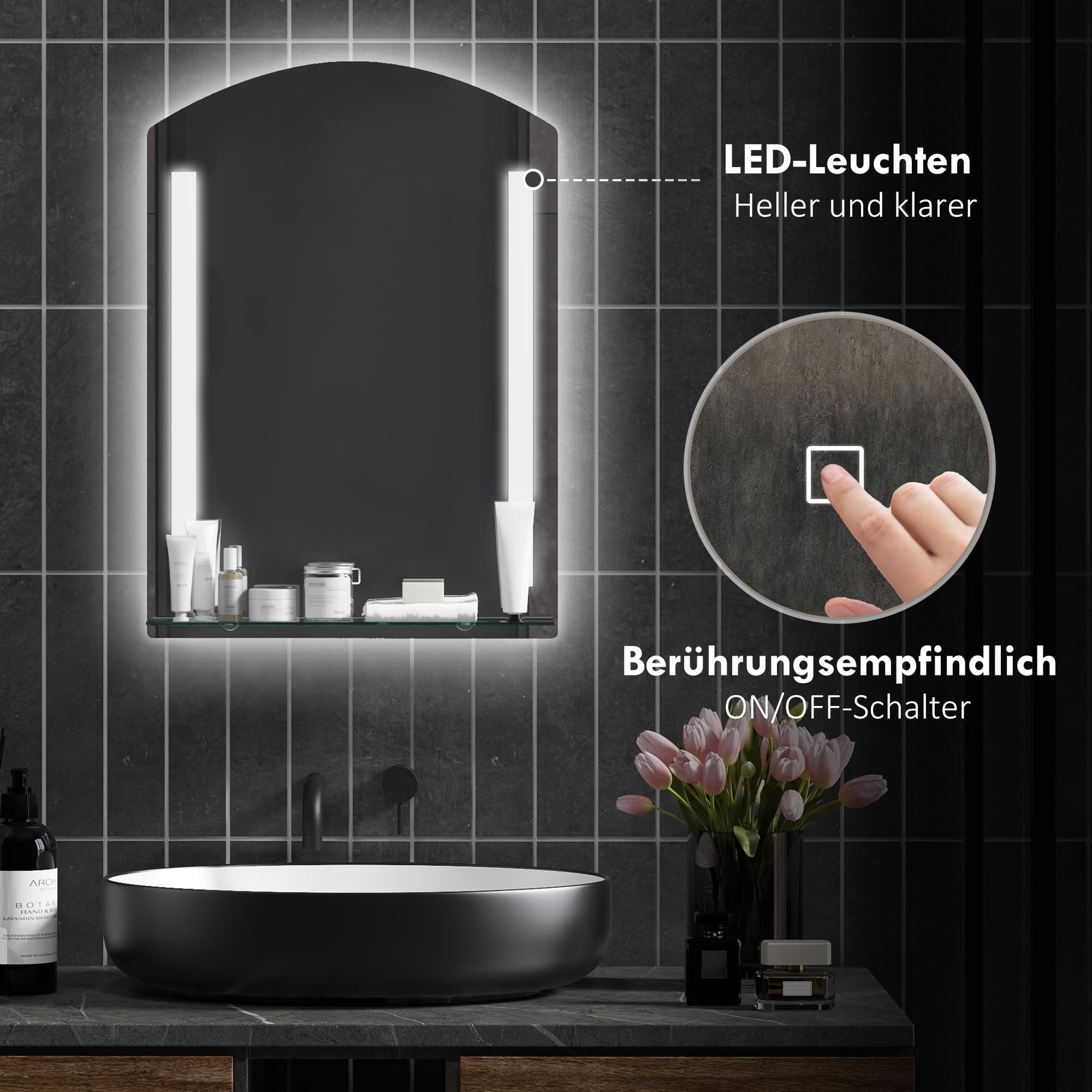 kleankin Badspiegel mit Beleuchtung 50 x 70 cm LED Touchschalter Silber