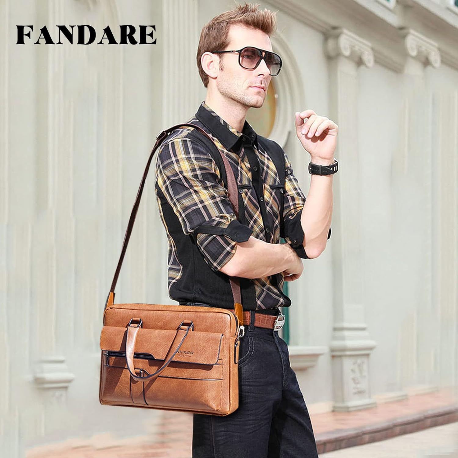 Men Briefcase Messenger Bag PU Leather Tote Handbag fit 12.9 inch Laptop Shoulder Pack for Work Professional Satchel Business Office Travel Crossbody Bags Light Brown