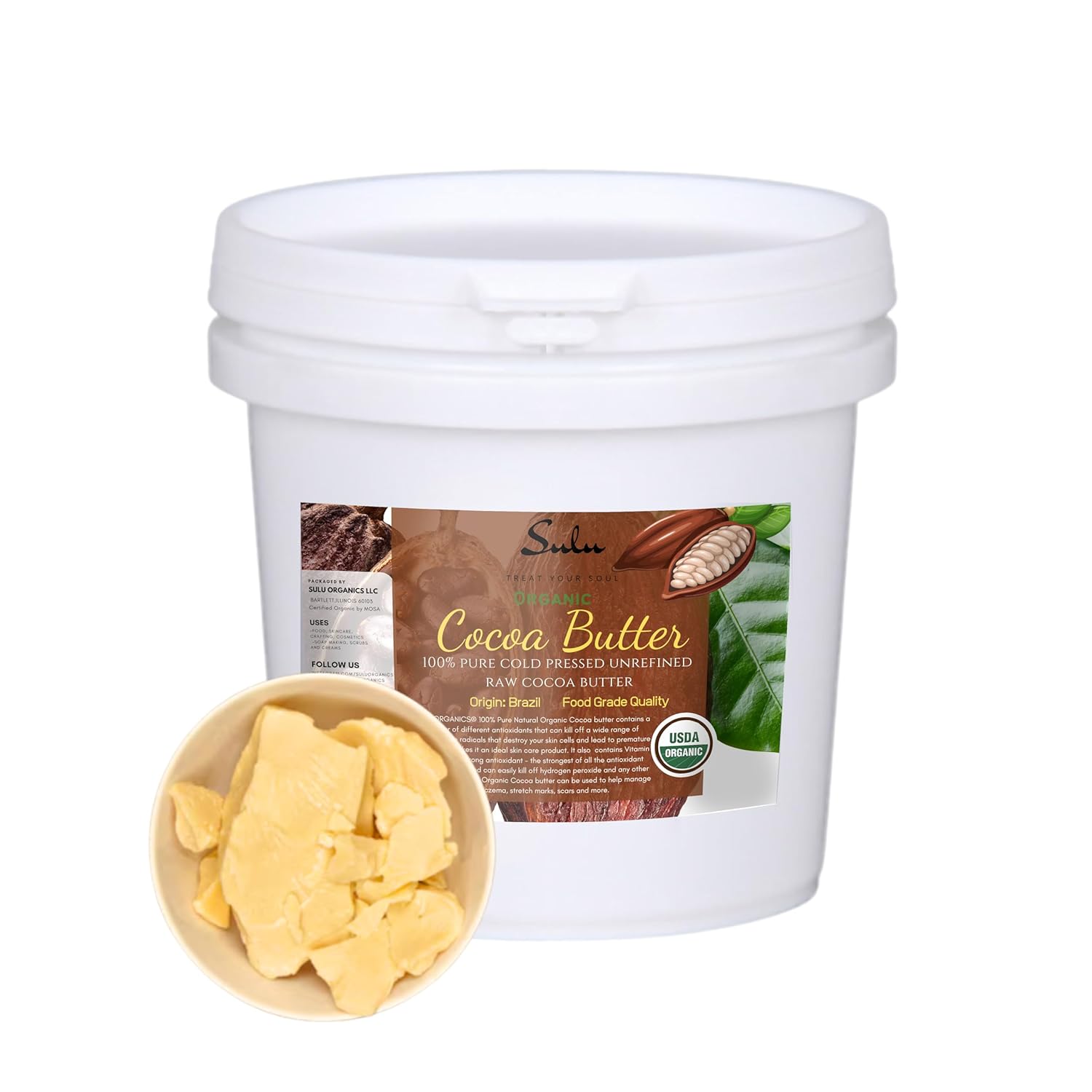7 Lbs USDA Organic Unrefined Cold Pressed Cocoa Butter- Food Grade- Cosmetic Grade-Cruelty Free-Vegan-Strong Choloclate Taste and Deep Brown Color