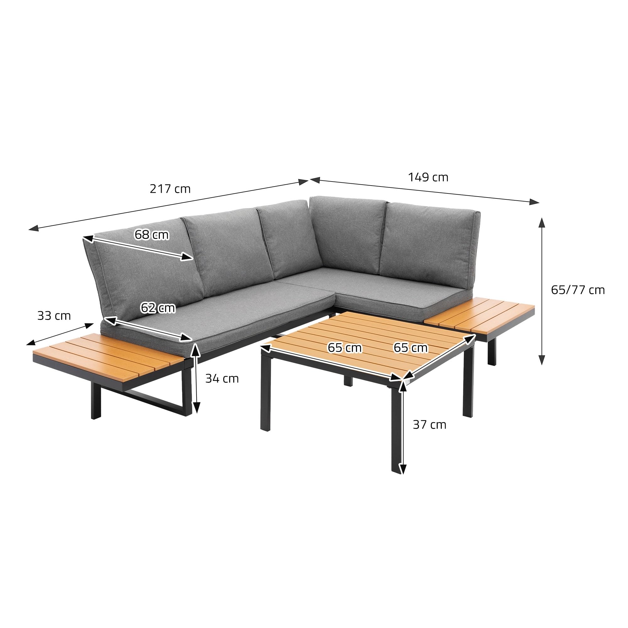 ML-Design Set Mobili da Giardino Grigio Effetto Legno 3 Pezzi con Tavolino e Cuscini, Divano Angolare per Terrazza e Balcone, Sedute Combinabili Resistenti alle Intemperie, Arredo Lounge Esterno