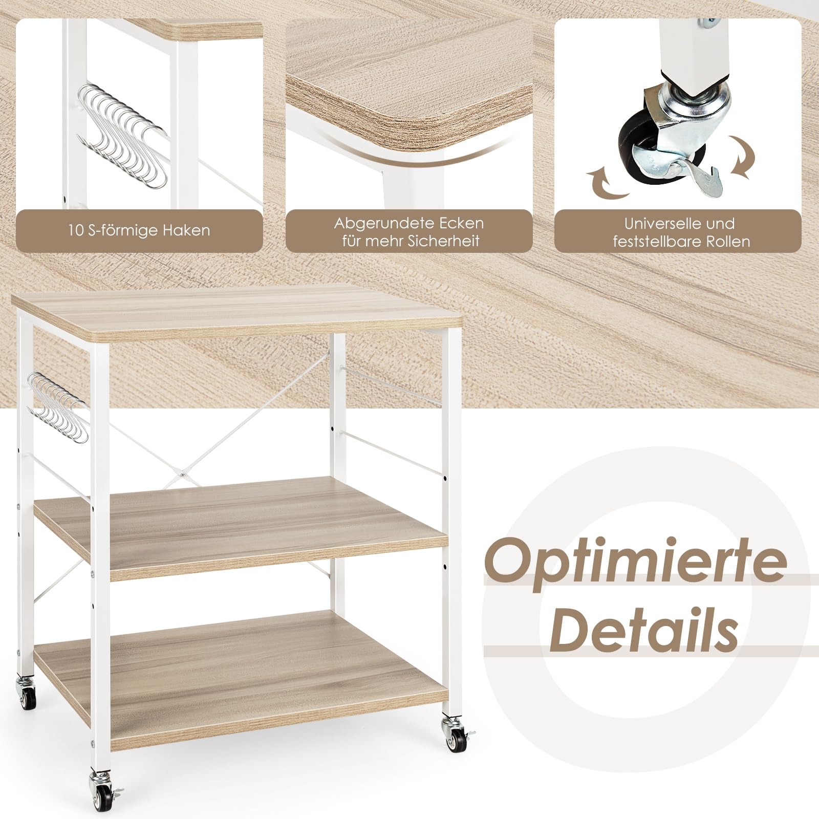 COSTWAY 3 Ebenen Servierwagen, Rollwagen mit Verstellbarer Ablage & 10 abnehmbaren Haken, Küchenwagen mit Rollen, Küchenrollwagen für Küche, Esszimmer, Bar und Restaurant, 60 x 40 x 73cm (Natur)