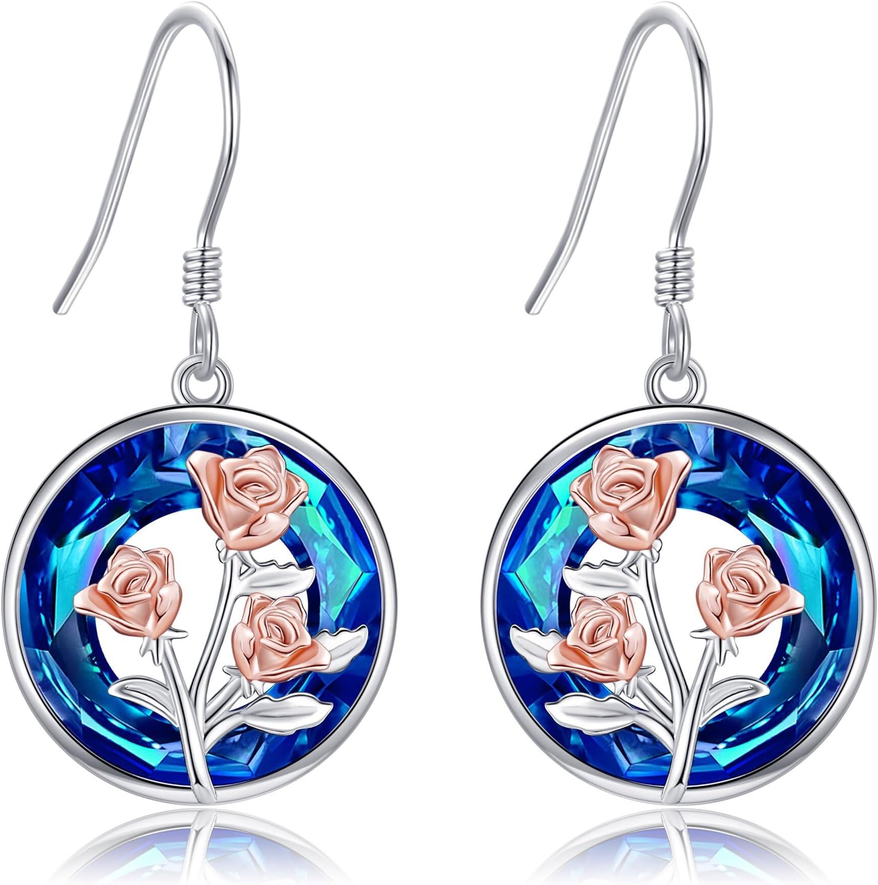 Rose Earrings 925 Sterling Silver Rose Flower Dangle Drop Earrings with Blue Circle Crystal Rose Jewelry Gifts for Women