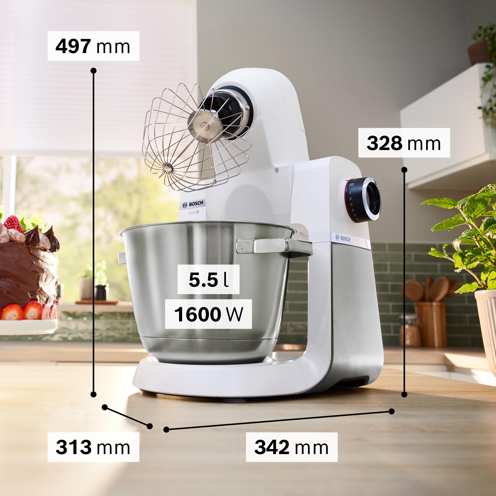 Bosch Serie 6 Planetaria MUMS6EW22, Potente Motore da 1600 W, Ciotola XXL da 5.5 L in Acciaio Inox, Frusta e Ganci, Dischi Vari, Frullatore, Accessori Inclusi Lavabili in Lavastoviglie, Bianco