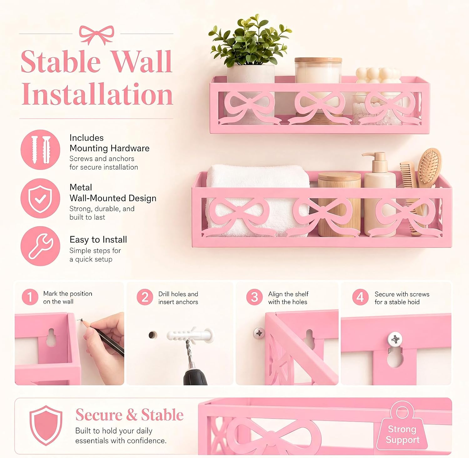2 Pcs Pink Bow Cutout Wall Mounted Storage Baskets Metal Spice Rack Organizer Floating Kitchen Shelf with Mounting Hardware for Kitchen Bathroom Vanity Coffee Bar