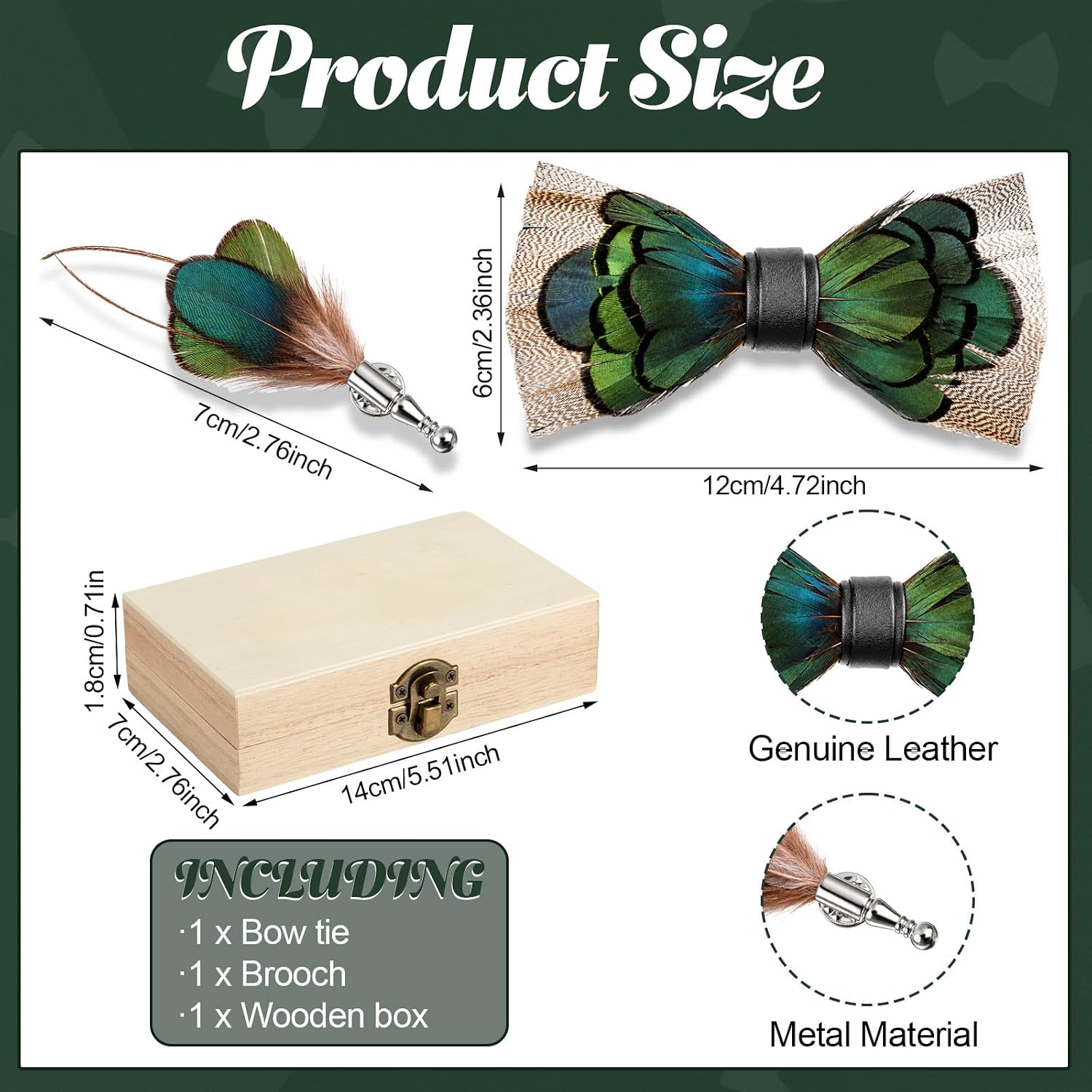 Suhine Pre Tied Feather Bow Tie for Men, Handmade Formal Bow Tie with Brooch, Wood Gift Box Set for Wedding Tuxedo Party