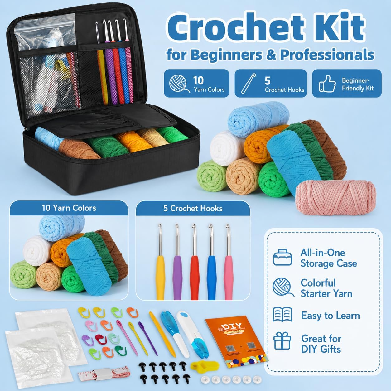 iptek Crochet Kit for Beginners Adults，Crochet Yarn for Beginners, 10colors Total Crochet Yarn Kits with Easy-to -See Stitches，Includes Basic Stitch Guide and extensive amigurumi Video tutorials.