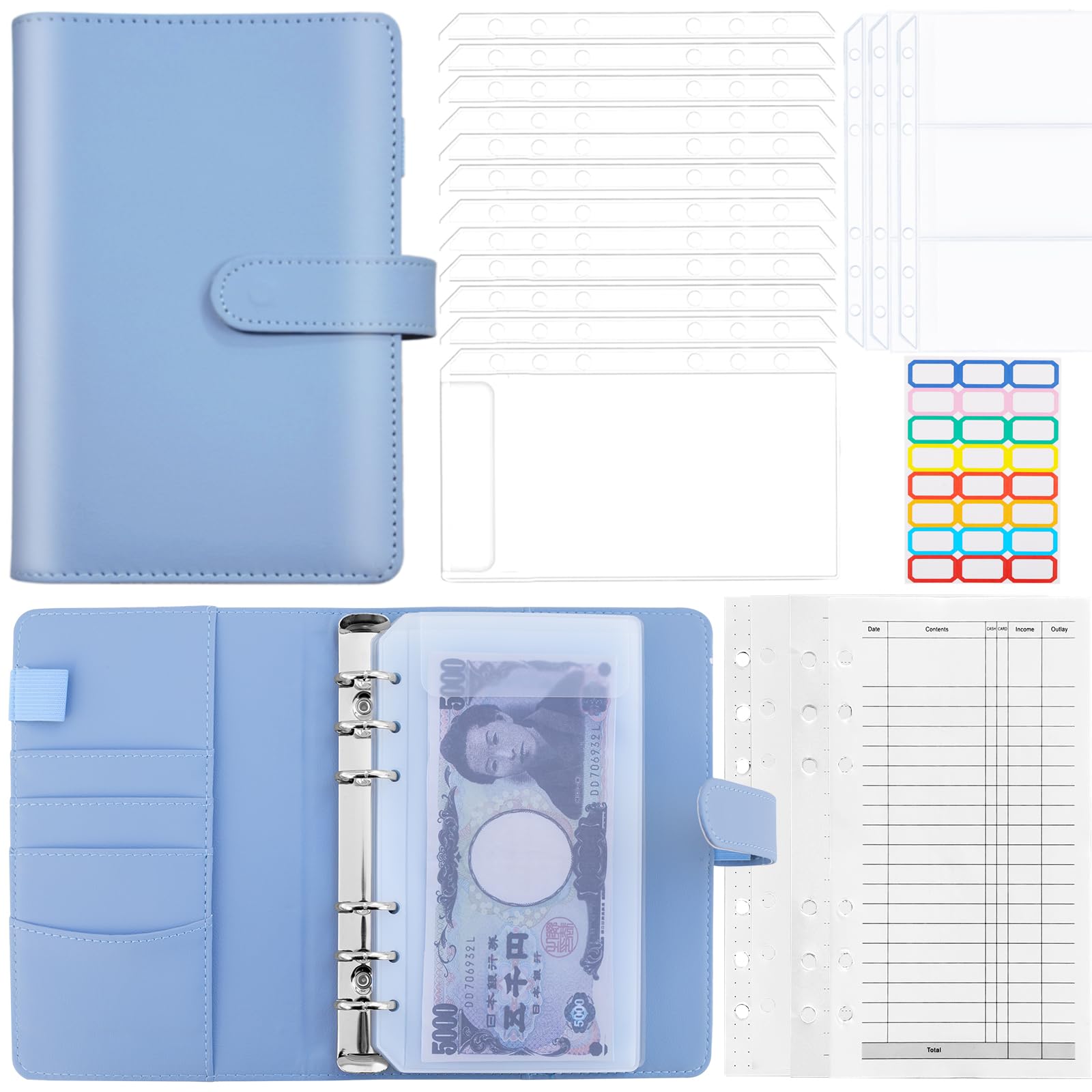 Bill Management Case, PU A6 Money Binder, Money Sorting File, Household Account Management Case, 12 Bags, 3 Card Storage Pouch, Notepad, 6 Hole Personal Organizer, Blue
