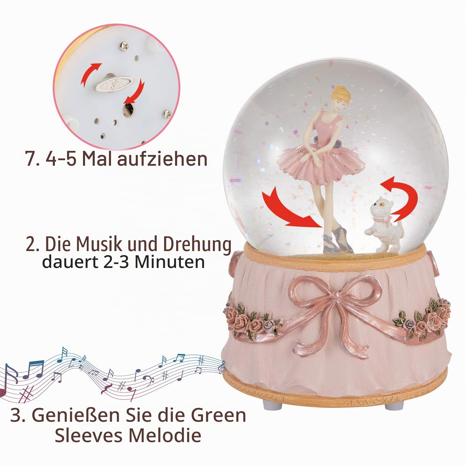 Ballerina Schneekugel spielt Greensleeves Musik Ballett tanzendes Mädchen mit Welpen rotierende mechanische und musikalische Glas-Schneekugel 10,2 cm