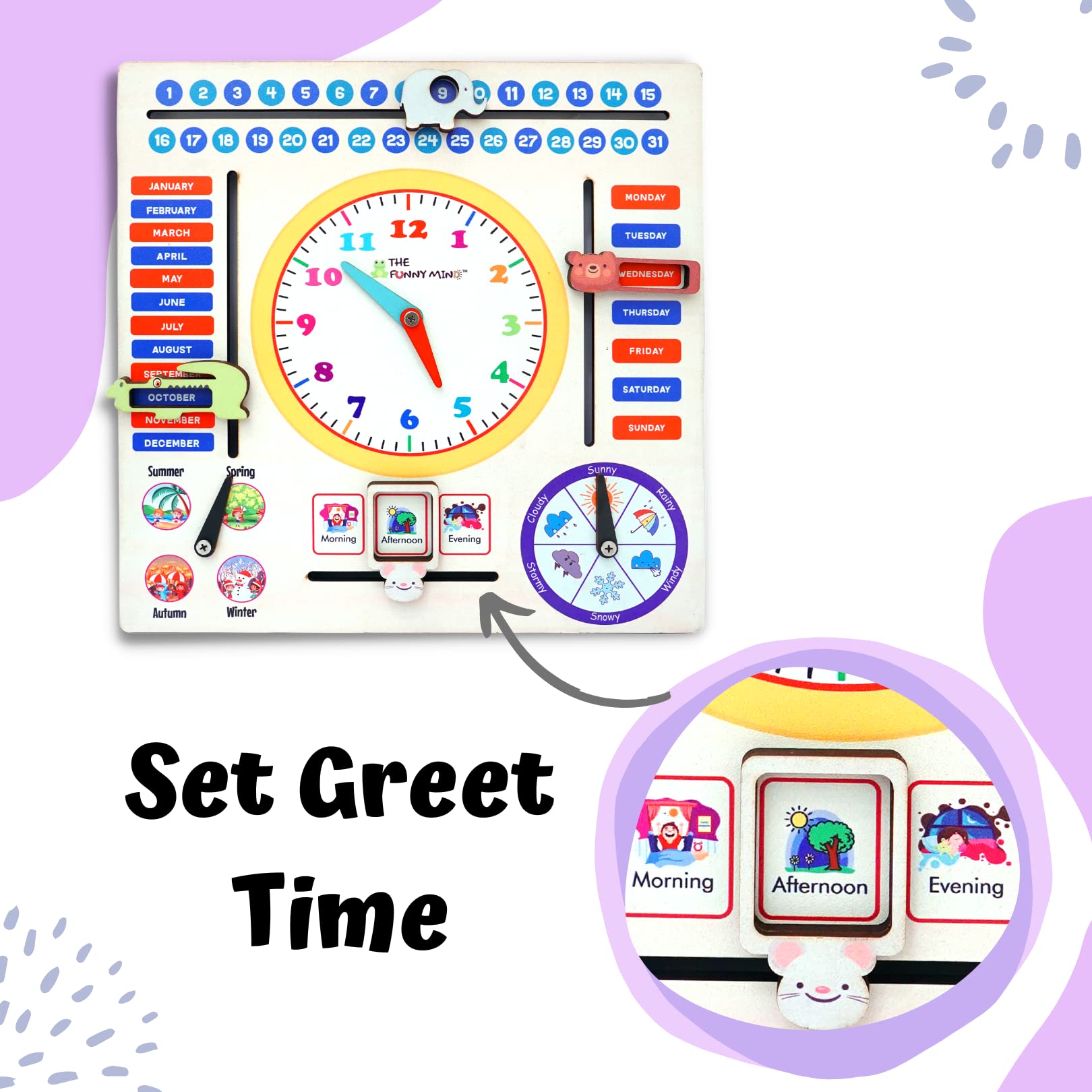 The Funny Mind 7 Activities Teaching Clock with Weather, Days, Months, Dates, Greetings, and Seasons Board Wooden Toy Game for Kids, Toddlers, and Babies | Preschool Educational Toy 36 X 36 Cm - Image 3 thumbnail