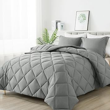 Queen Comforter Set, 3 Piece Light Gray Quilted Bedding with Pillow Sham, All Season Soft Duvet Cover