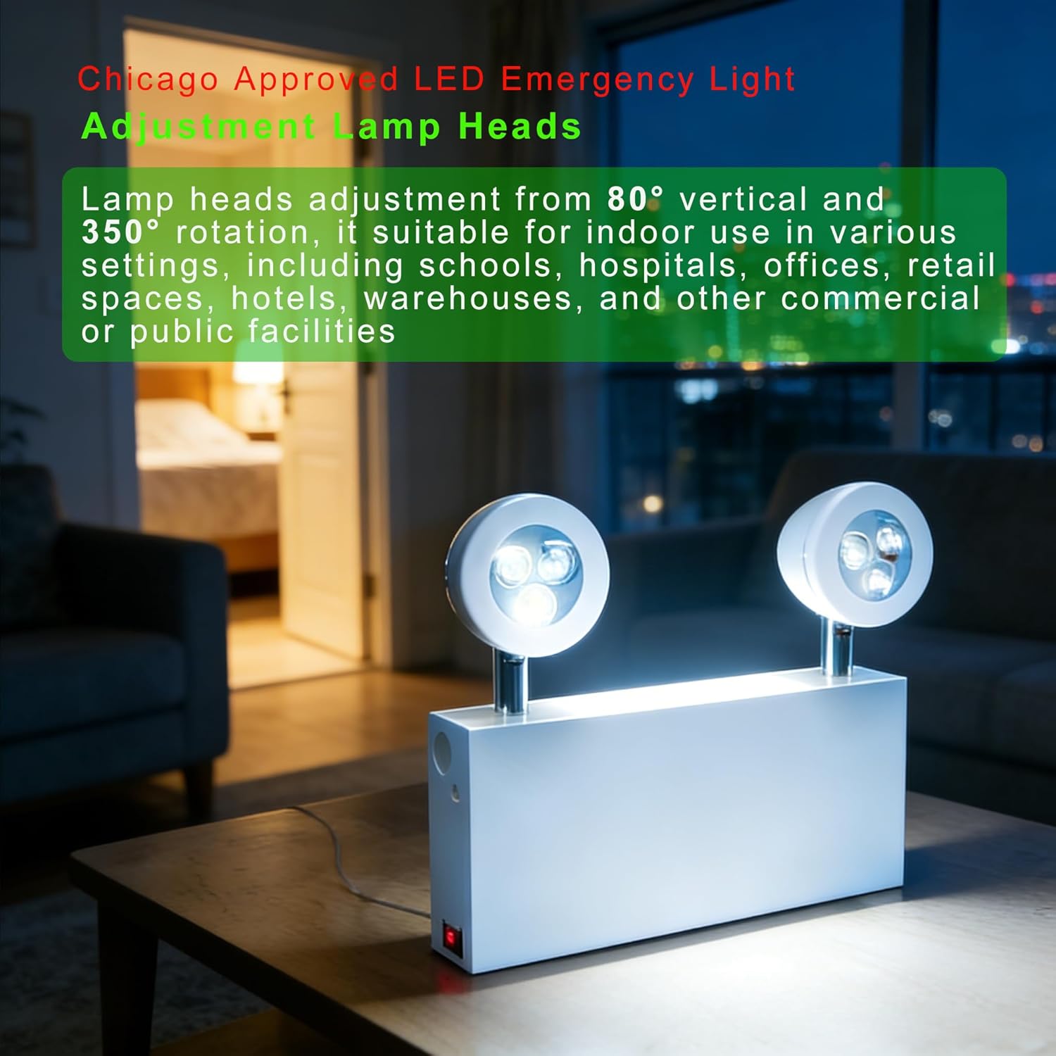 Chicago Approved LED Emergency Light, White housing, Dual Rotational LED Emergency Light with Backup Battery, Commercial Grade, Fire Resistant, Wall Mount, 20-Gauge Steel Housing,UL
