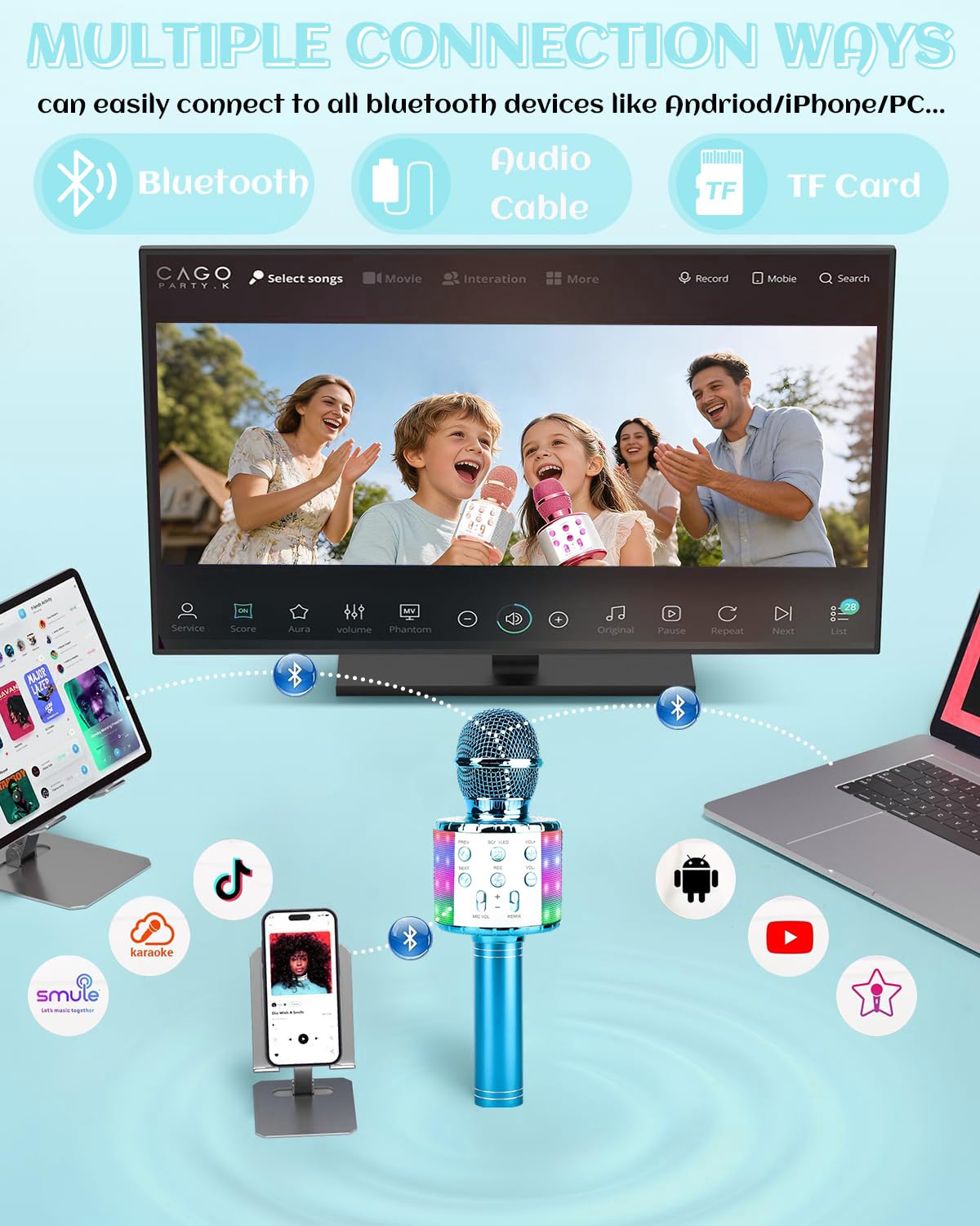 Bezprzewodowy Mikrofon Do Karaoke Bluetooth Ze światłami LED Przenośny Ręczny śpiew Karaoke Głośnik Maszyna Zabawki Prezenty Dla Dzieci Dorośli (Niebieski, w / 10 Jednorazowych Osłon Mikrofonu)