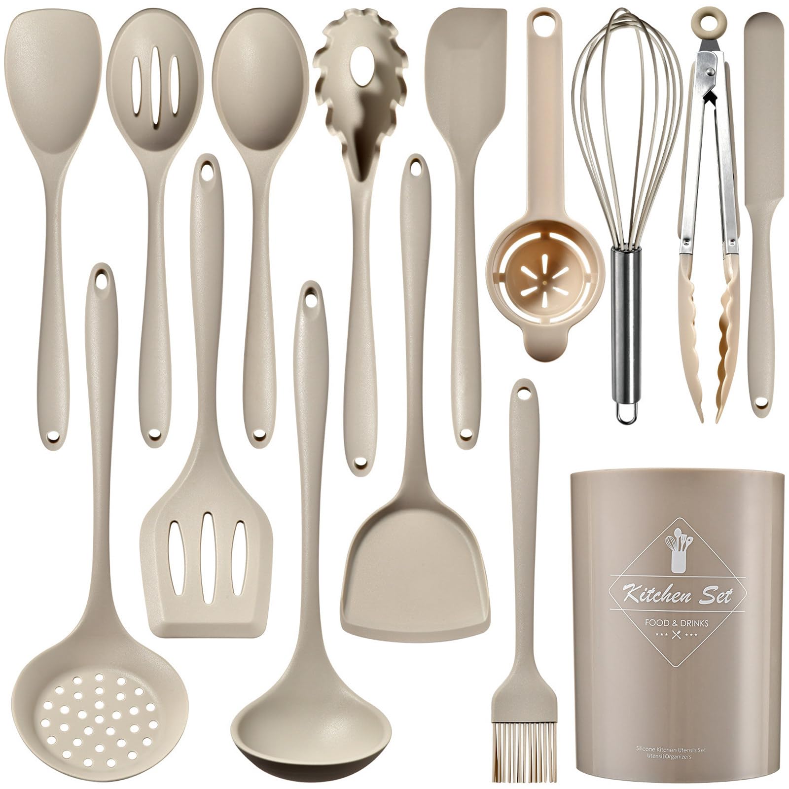 Ensemble De 15 Ustensiles De Cuisine en Silicone Alimentaire avec Seau De Rangement, RéSistants à La Chaleur Et AntiadhéSifs, Compatibles Lave-Vaisselle. Khaki