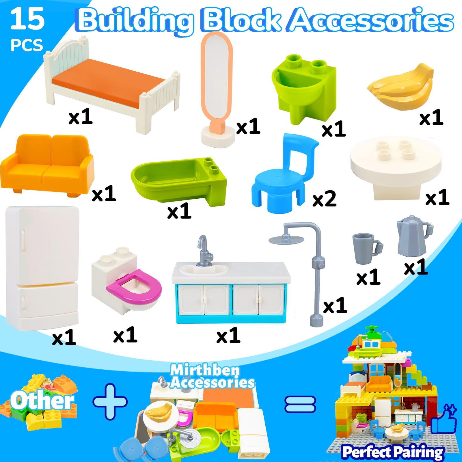 Großen Bausteinen Zubehör Set, Erweiterung mit Bett, Sofa- & Möbeln Kompatibel mit Allen Duplo Steinen Kreatives Bauen ab 3 Jahren