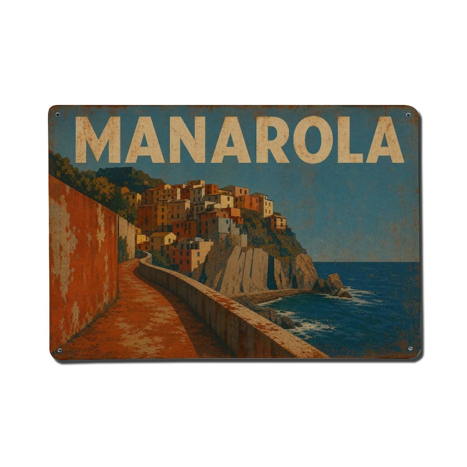 Vintage Travel Manarola Seaside Promenade Walking Path Metal Tin Sign