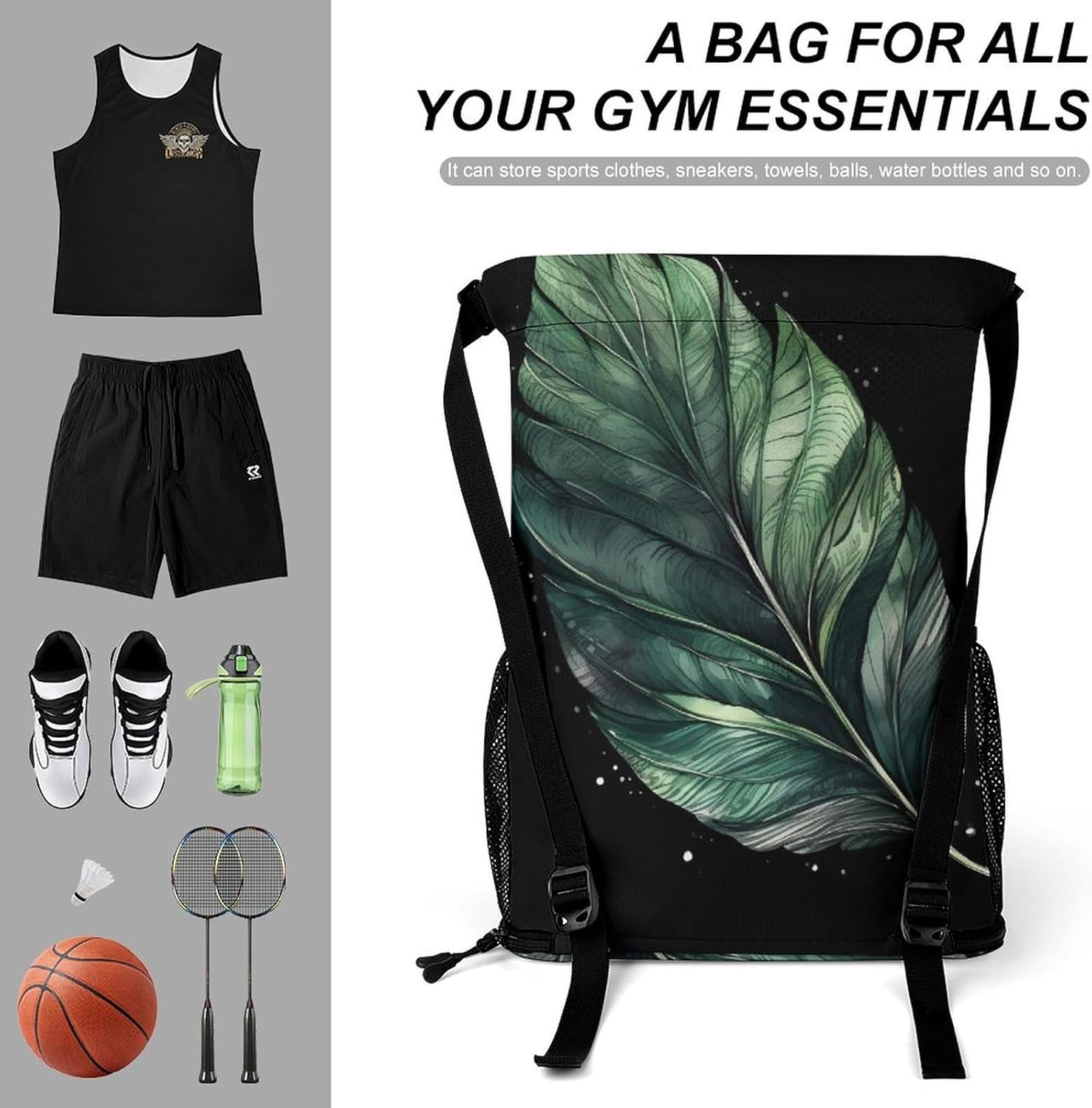Small Gym Bag Green Leaf Shape Printed Drawstring Gym Bag for Men Lightweight Waterproof Drawstring Backpack for Women with Shoe Compartment for Travel Tourism Work And Fitness