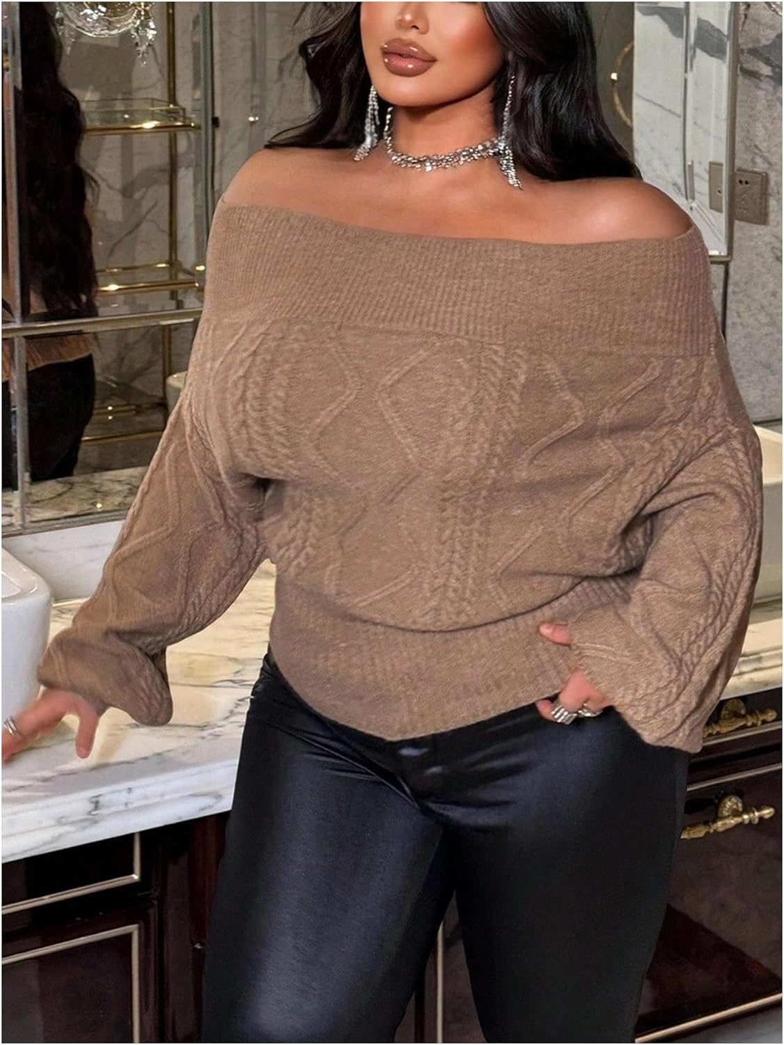 SOLY HUX Plus Size Sweaters for Women Off The Shoulder Long Sleeve Cable Knit Pullover Tops Fall Winter Clothes