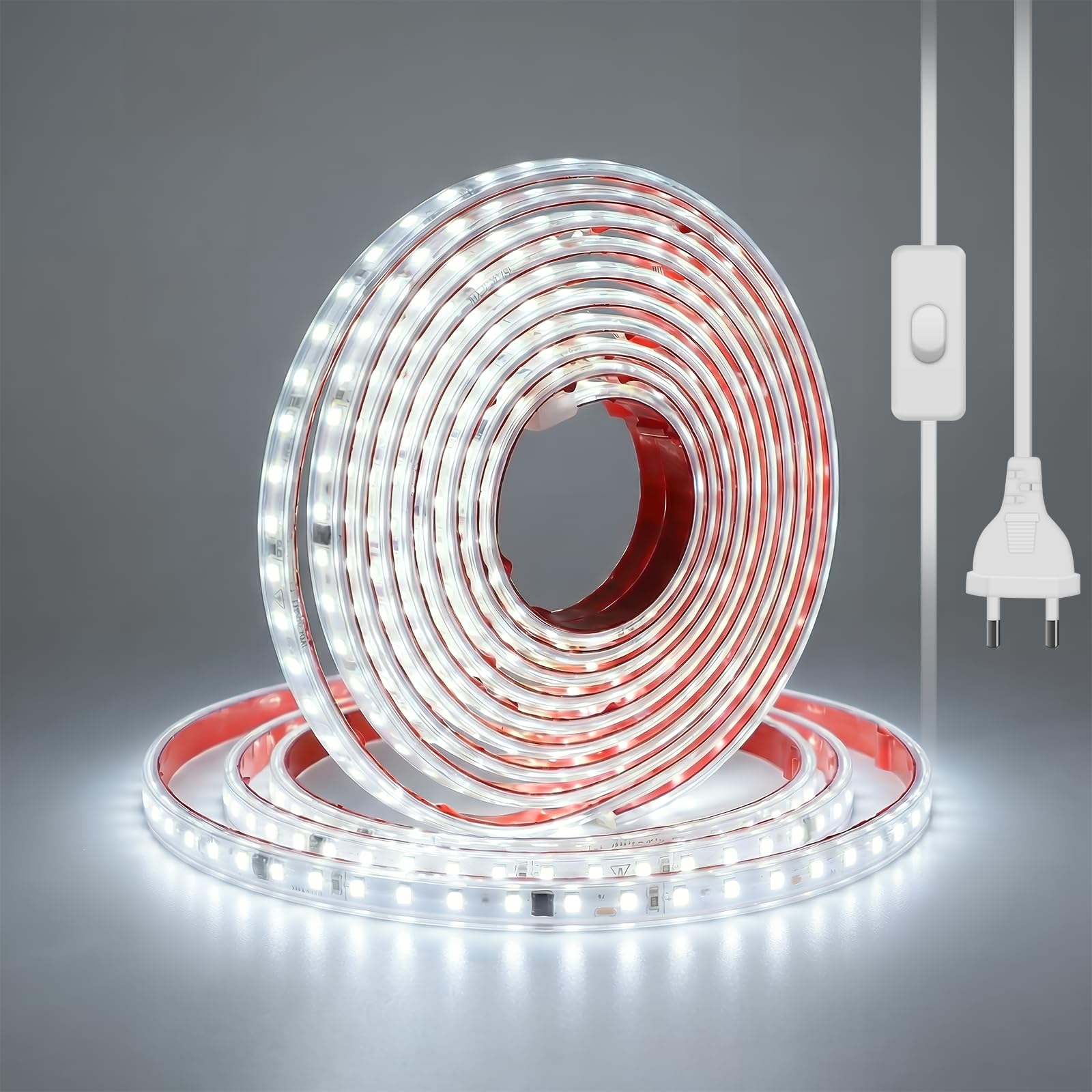Nastro LED da 5 m, bianco freddo, 230 V, autoadesivo, SMD 2835, 120 LED/m, 230 V, per esterni e costruzione di negozi, IP67, impermeabile (bianco freddo, 5 m)